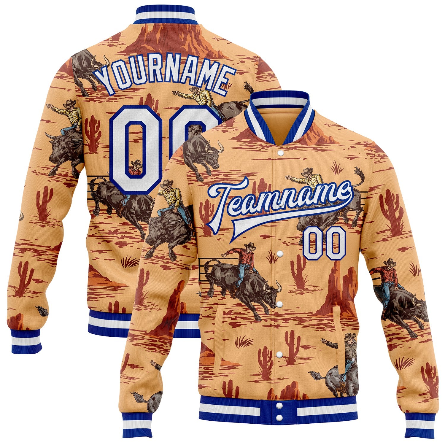 FansIdea Custom Orange White-Royal Wild Western Cowboy Cactus Bomber Full-Snap Varsity Letterman Jacket - $38.99 at Proof Eyewear