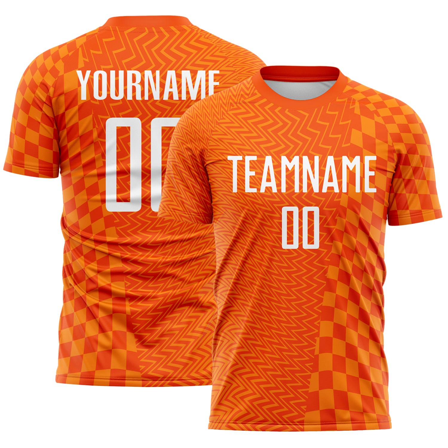 FansIdea Custom Orange-White Geometric Patchwork Asymmetry Checkered Zigzag Lines Sublimation Soccer Uniform Jersey - $16.99 at Proof Eyewear