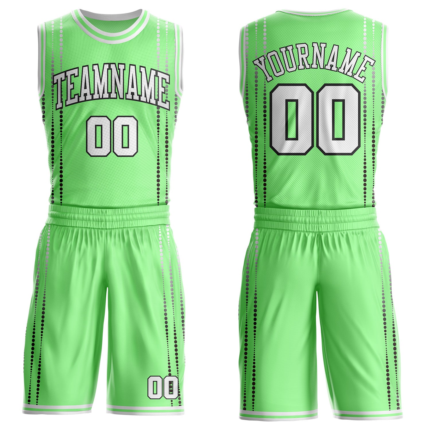 FansIdea Custom Pea Green White-Black Dot Line Round Neck Sublimation Basketball Uniform Jersey - $25.99 at Proof Eyewear