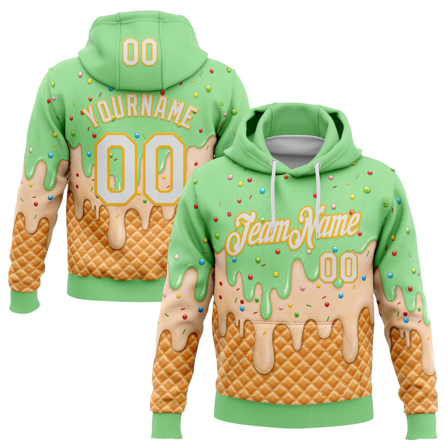 FansIdea Custom Stitched Pea Green White-Gold Ice Cream Waffle Foodie Dessert Pullover Sweatshirt Hoodie - $32.99 at Proof Eyewear