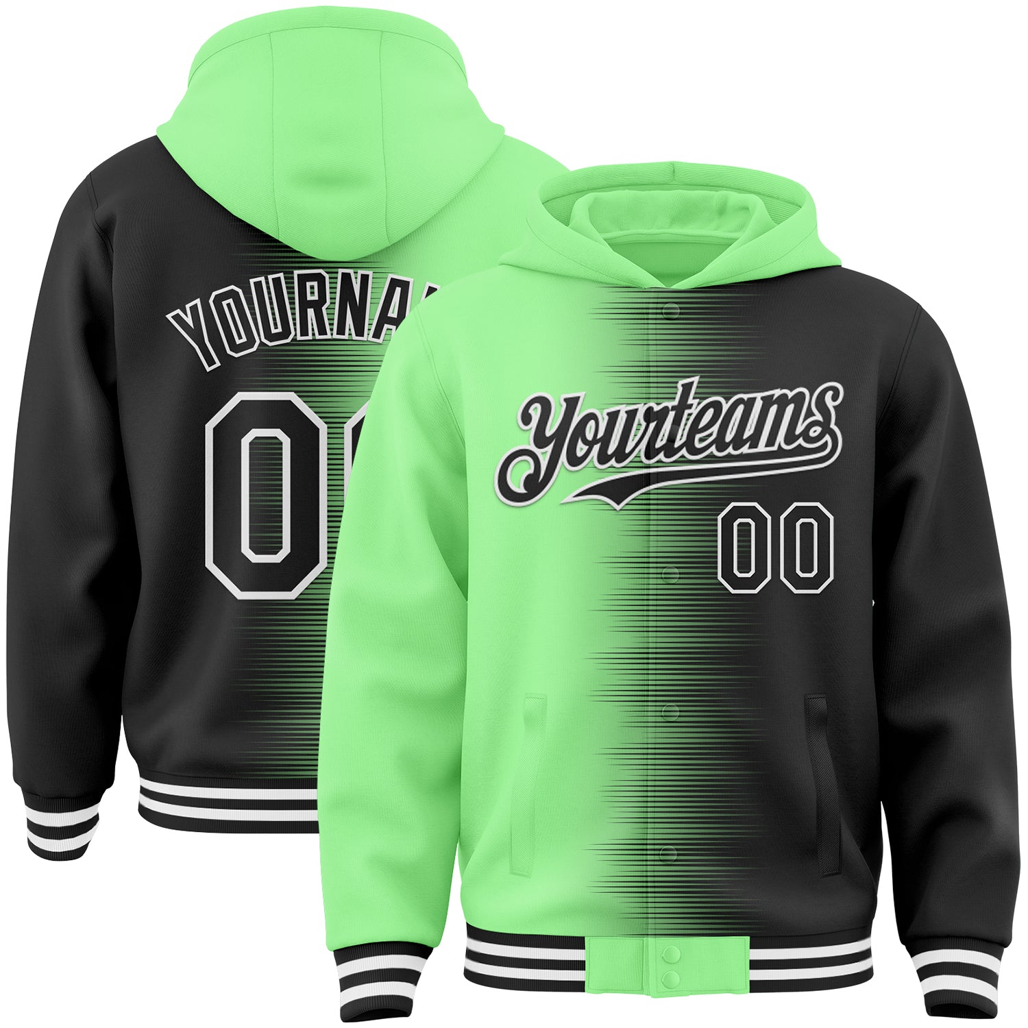 FansIdea Custom Pea Green Black-White Gradient Line Bomber Full-Snap Varsity Letterman Hoodie Jacket - $38.99 at Proof Eyewear