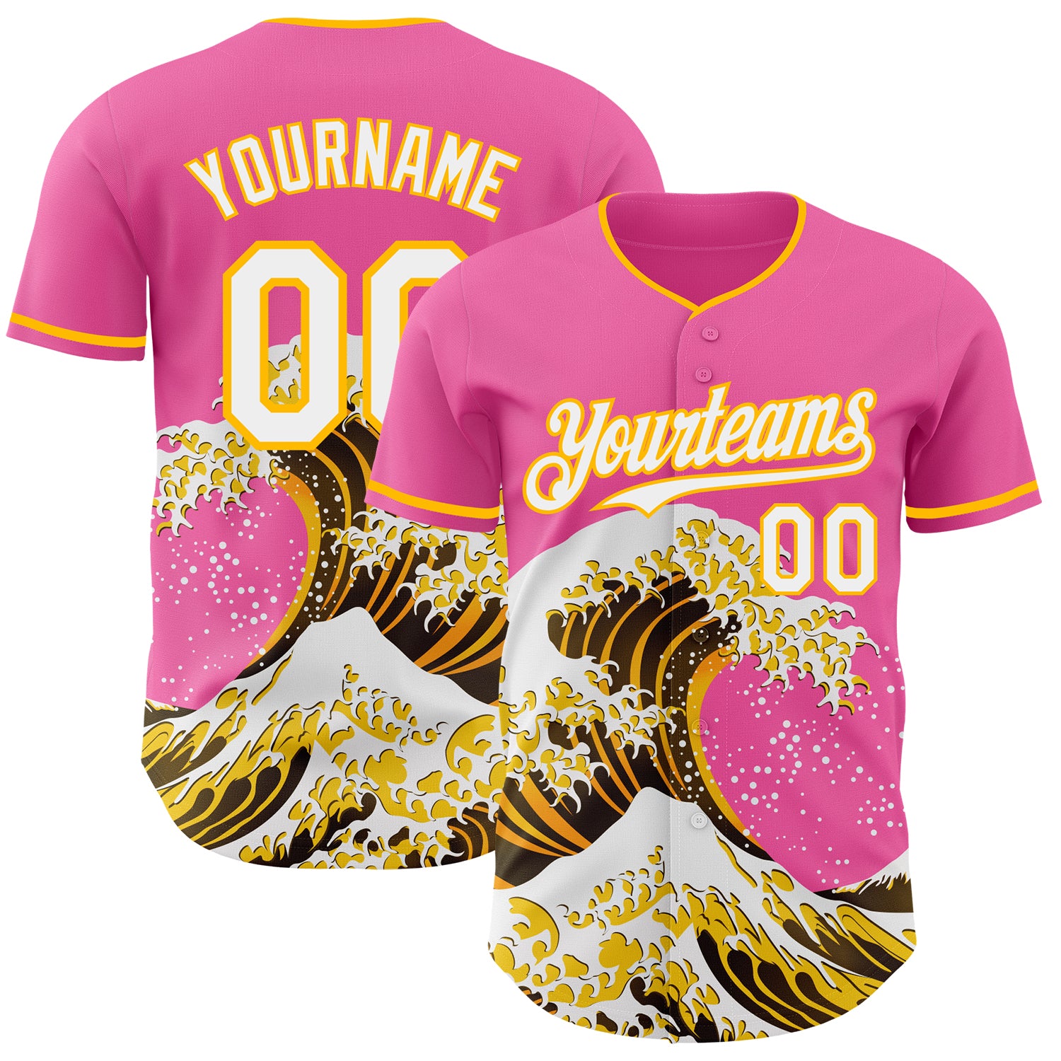 FansIdea Custom Pink White-Gold Japanese Wave Authentic Baseball Jersey - $29.99 at Proof Eyewear