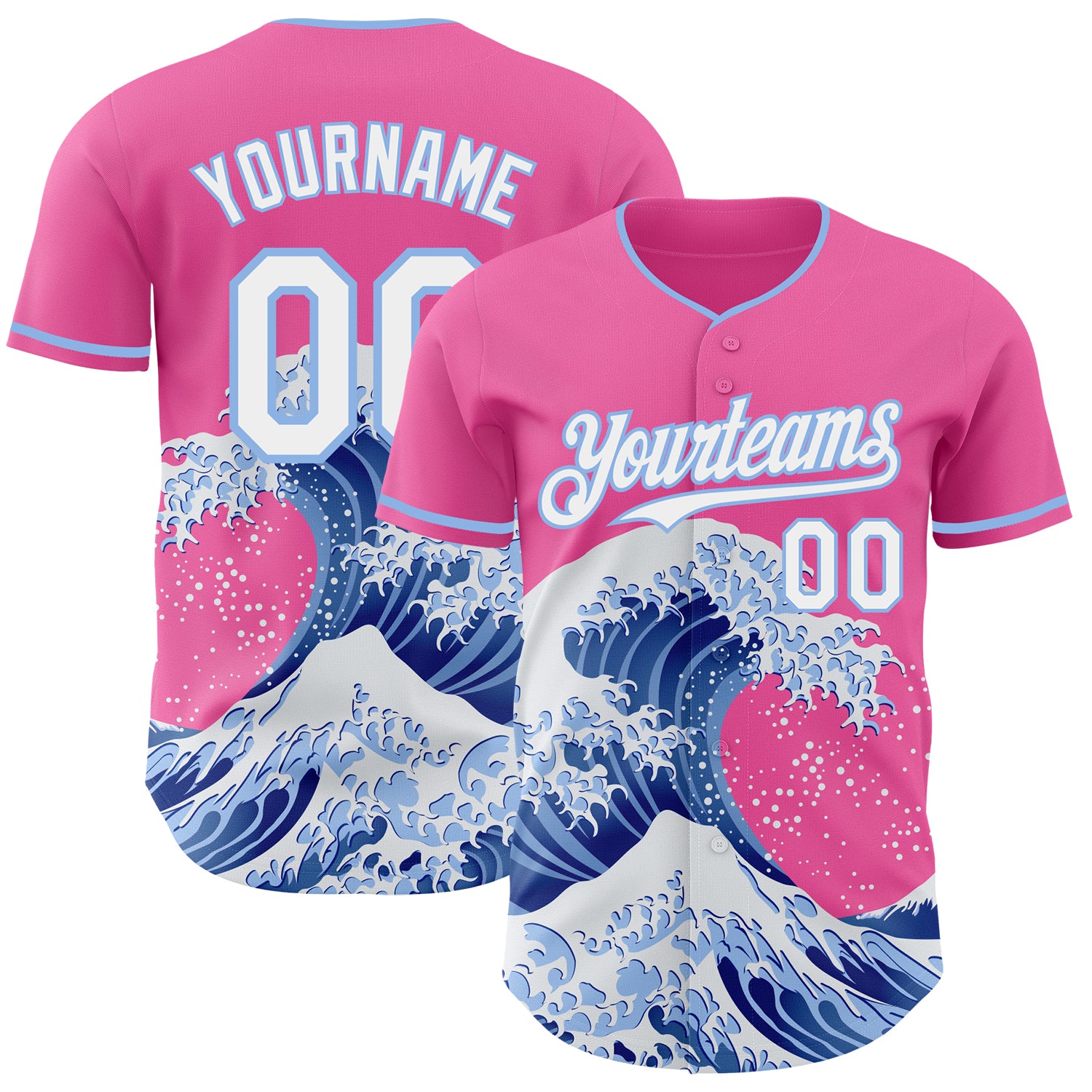 FansIdea Custom Pink White-Light Blue Japanese Wave Authentic Baseball Jersey - $29.99 at Proof Eyewear