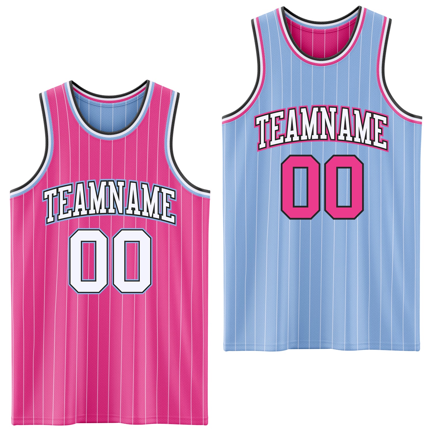 FansIdea Custom Pink White Pinstripe Black-Light Blue Reversible Double Side Sublimation Basketball Set Jersey - $17.99 at Proof Eyewear