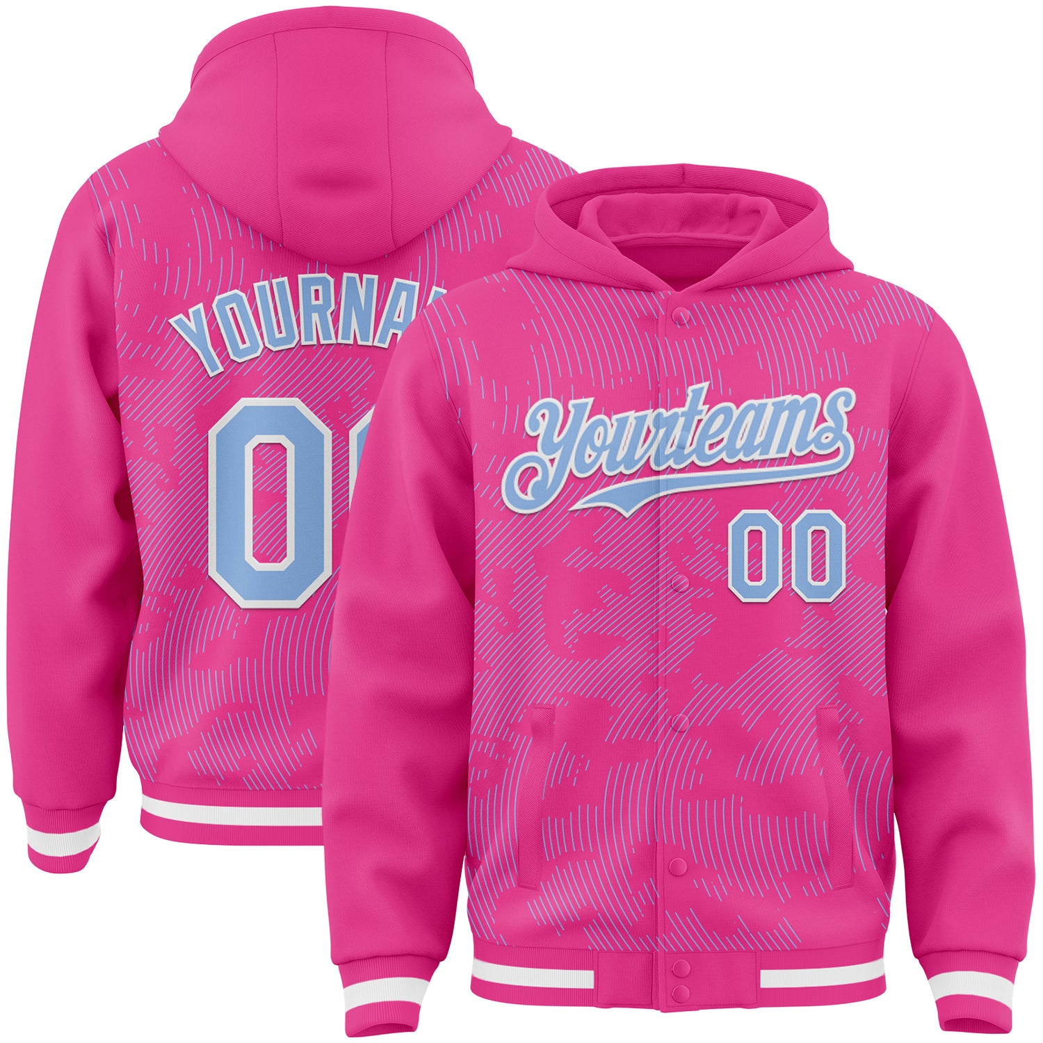 FansIdea Custom Pink Light Blue-White Curve Lines Bomber Full-Snap Varsity Letterman Hoodie Jacket - $38.99 at Proof Eyewear