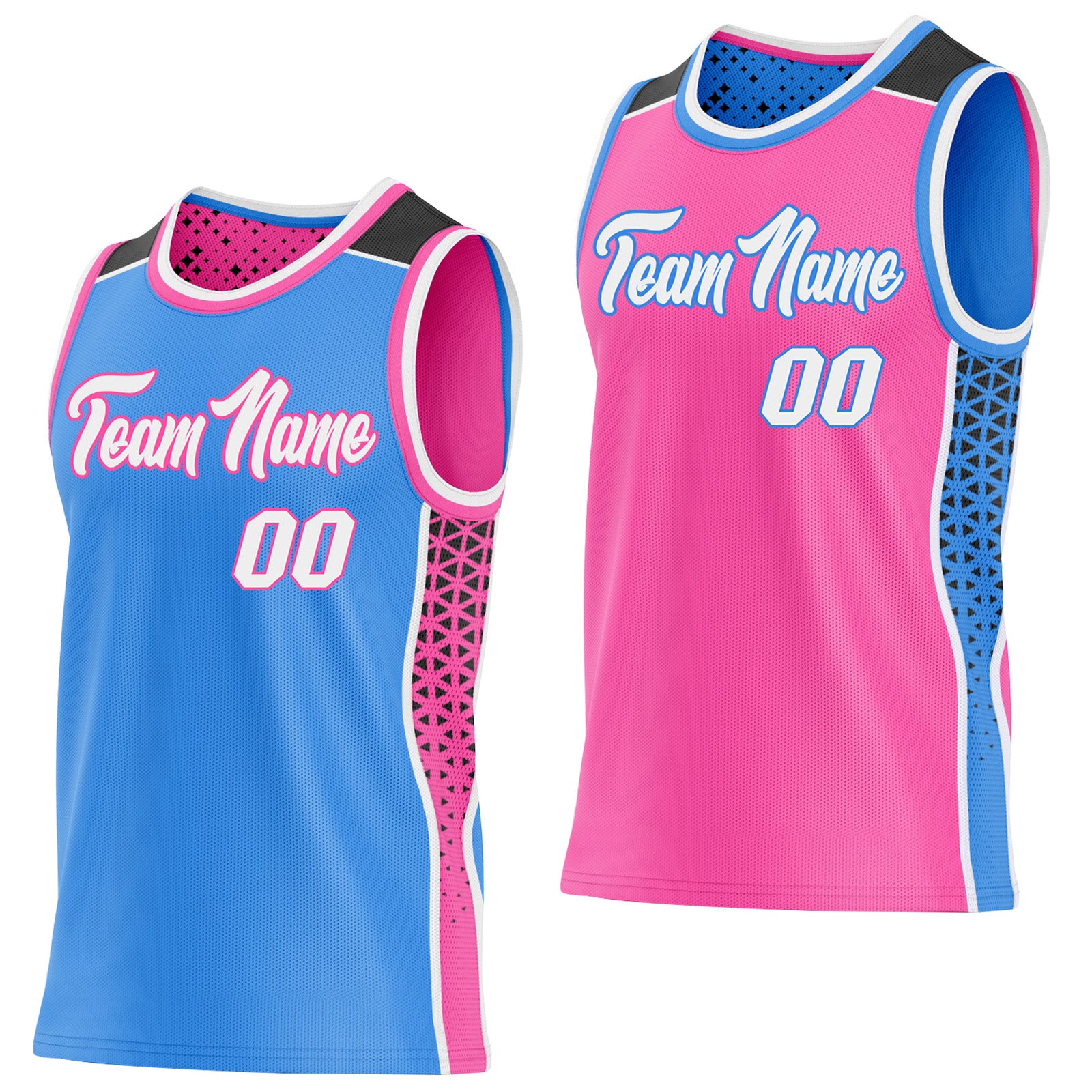 FansIdea Custom Powder Blue White Pink-Black Side Panel Stripe Geometric Triangle Gradient Dot Reversible Double Side Sublimation Basketball Set Jersey - $17.99 at Proof Eyewear