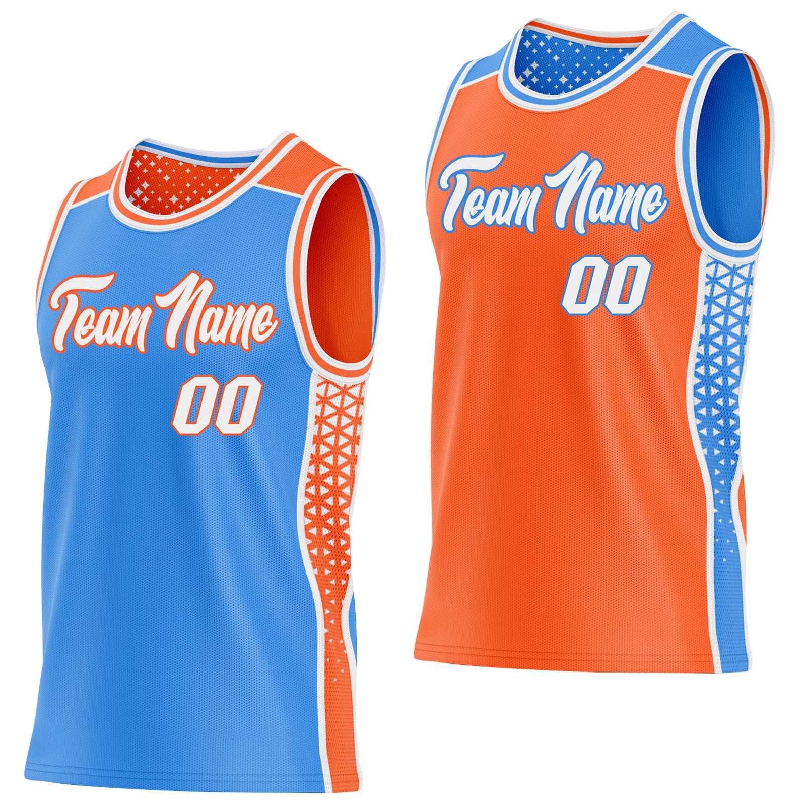 FansIdea Custom Powder Blue White-Orange Side Panel Stripe Geometric Triangle Gradient Dot Reversible Double Side Sublimation Basketball Set Jersey - $17.99 at Proof Eyewear