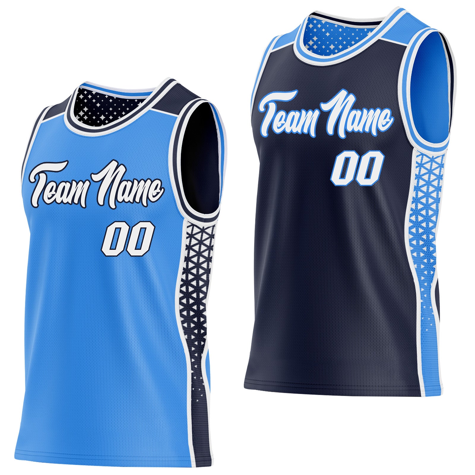 FansIdea Custom Powder Blue White-Navy Side Panel Stripe Geometric Triangle Gradient Dot Reversible Double Side Sublimation Basketball Set Jersey - $17.99 at Proof Eyewear