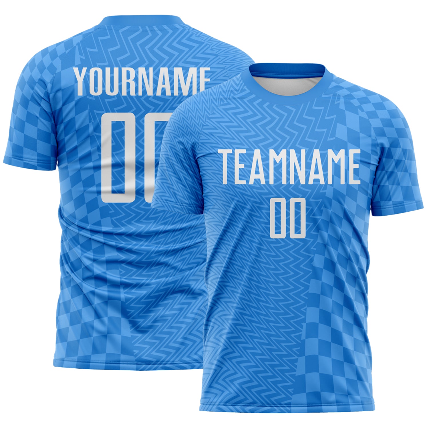 FansIdea Custom Powder Blue-White Geometric Patchwork Asymmetry Checkered Zigzag Lines Sublimation Soccer Uniform Jersey - $16.99 at Proof Eyewear