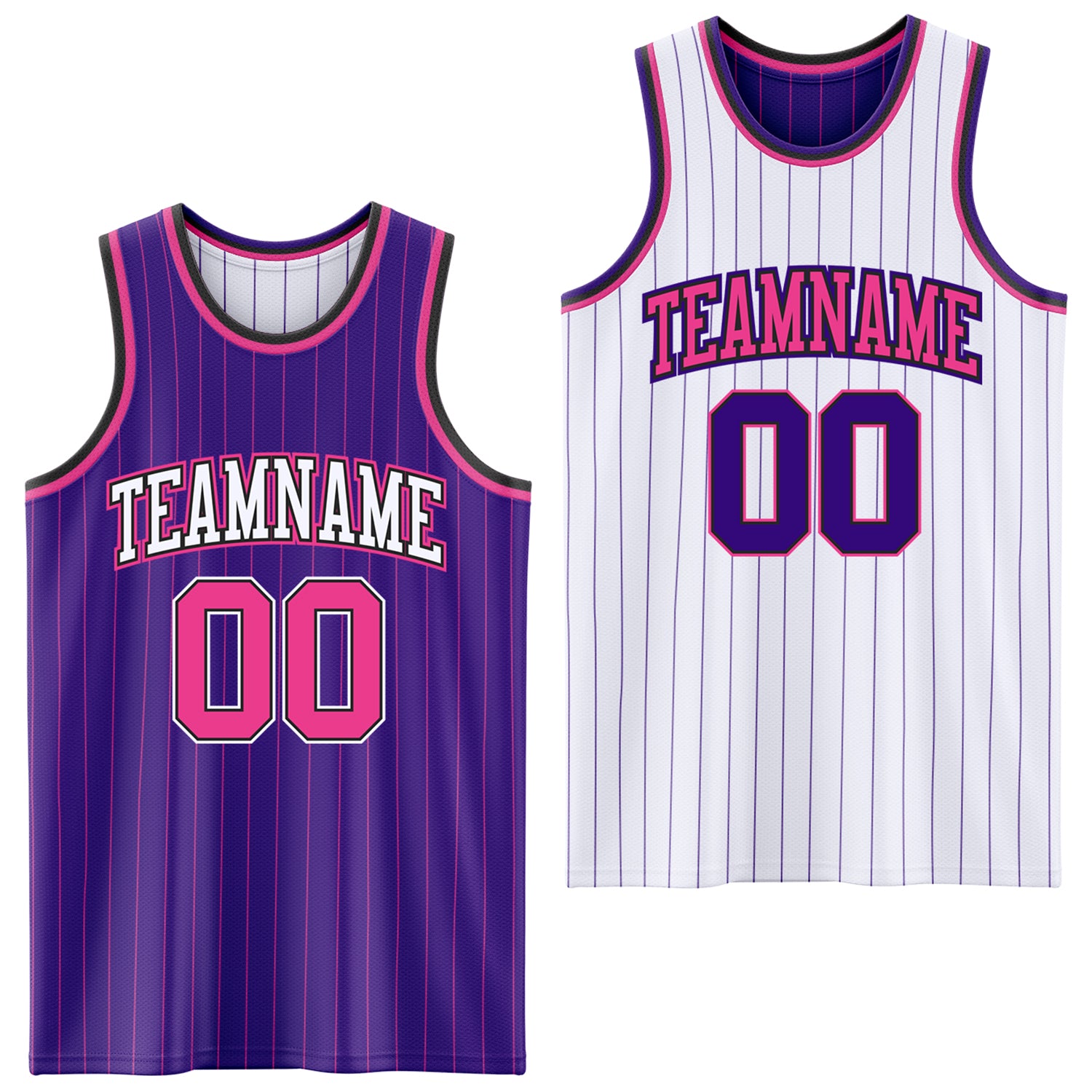 FansIdea Custom Purple Pink Pinstripe Black-White Reversible Double Side Sublimation Basketball Set Jersey - $17.99 at Proof Eyewear