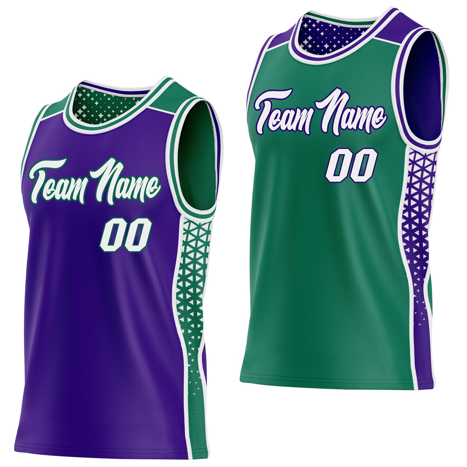 FansIdea Custom Purple White-Kelly Green Side Panel Stripe Geometric Triangle Gradient Dot Reversible Double Side Sublimation Basketball Set Jersey - $17.99 at Proof Eyewear