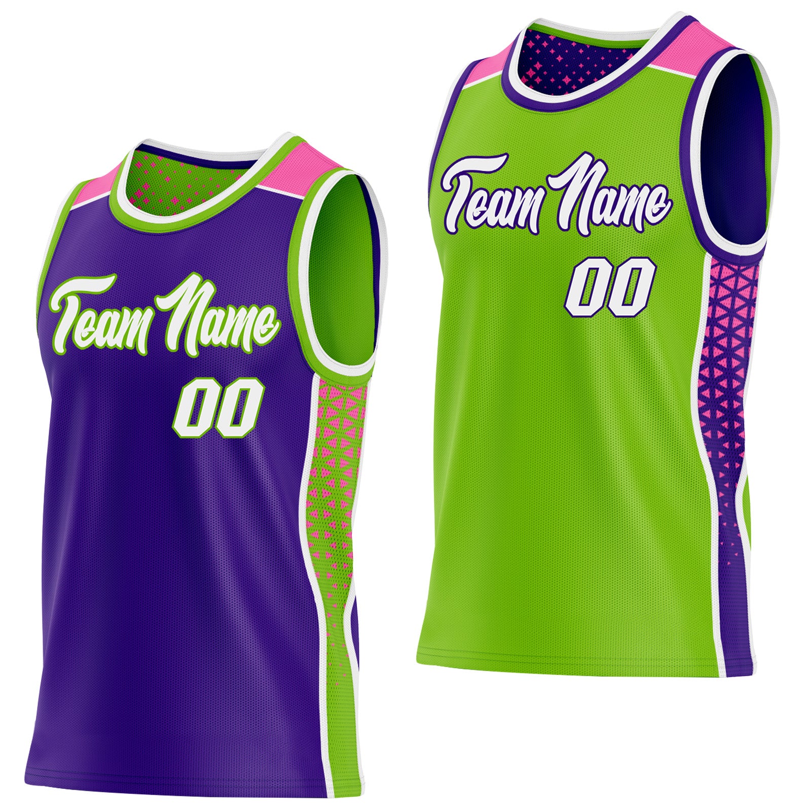 FansIdea Custom Purple White Neon Green-Pink Side Panel Stripe Geometric Triangle Gradient Dot Reversible Double Side Sublimation Basketball Set Jersey - $17.99 at Proof Eyewear