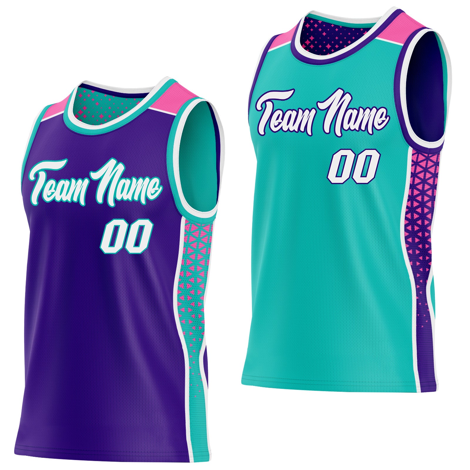 FansIdea Custom Purple White Aqua-Pink Side Panel Stripe Geometric Triangle Gradient Dot Reversible Double Side Sublimation Basketball Set Jersey - $17.99 at Proof Eyewear