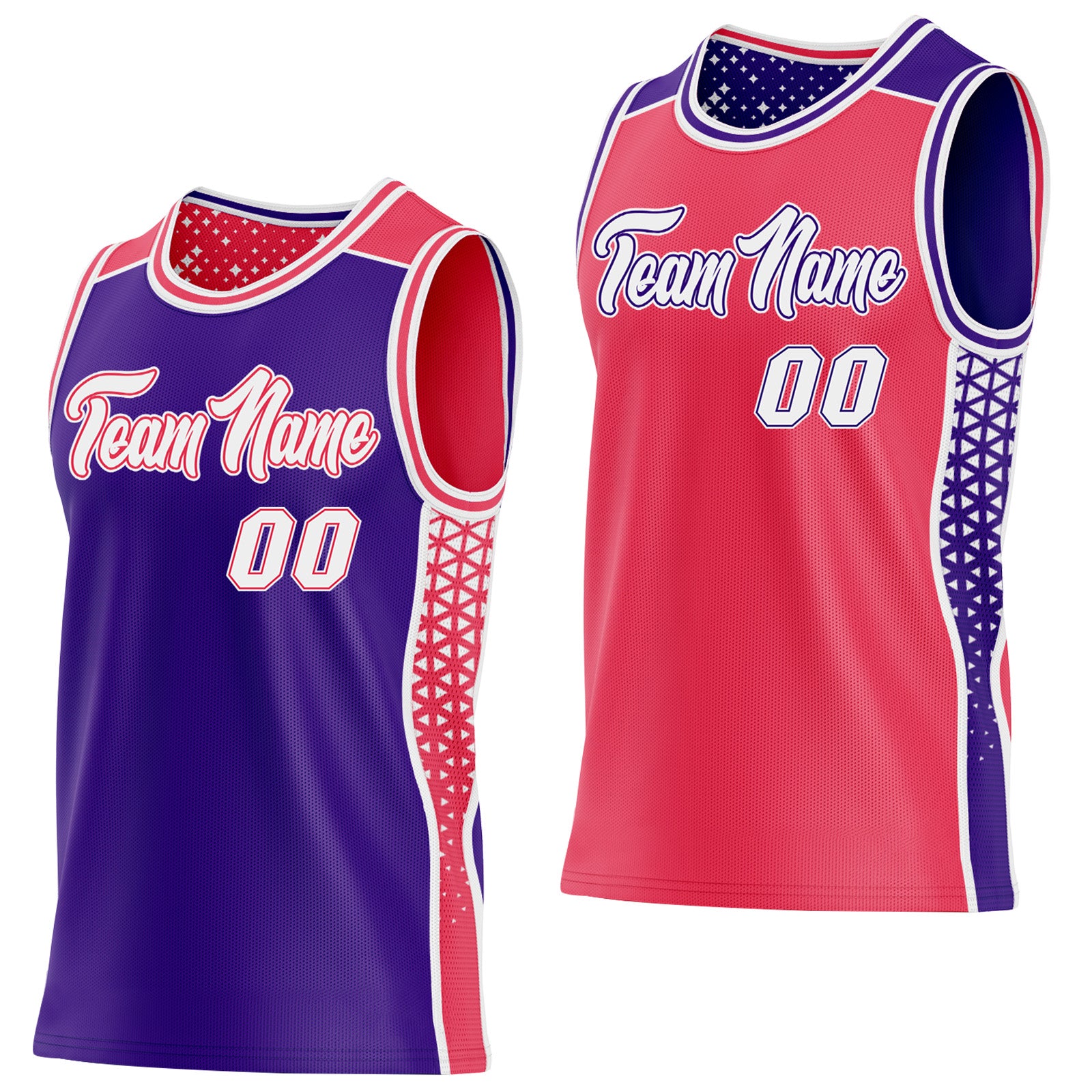 FansIdea Custom Purple White-Neon Pink Side Panel Stripe Geometric Triangle Gradient Dot Reversible Double Side Sublimation Basketball Set Jersey - $17.99 at Proof Eyewear