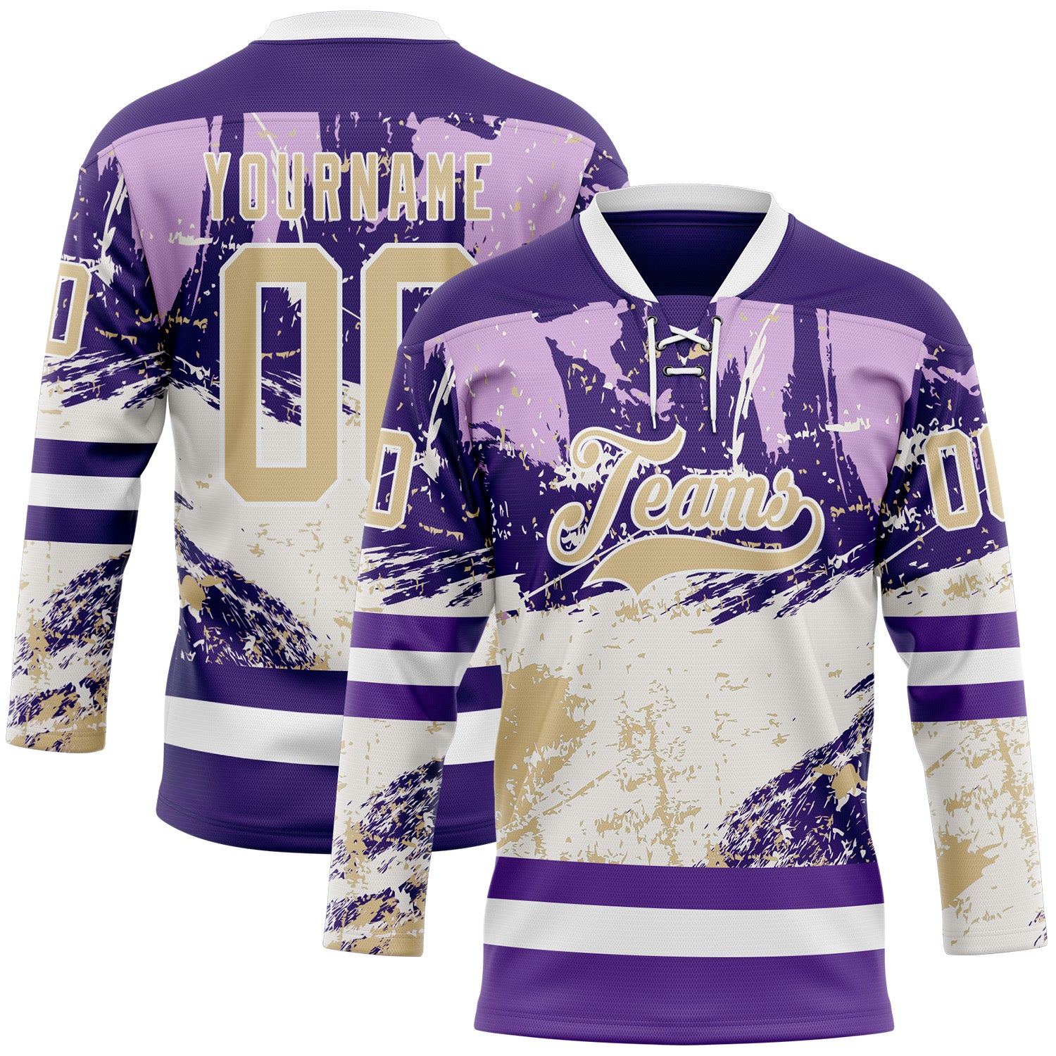 FansIdea Custom Purple Vegas Gold-White Abstract Splatter Paint Hockey Lace Neck Jersey - $29.99 at Proof Eyewear