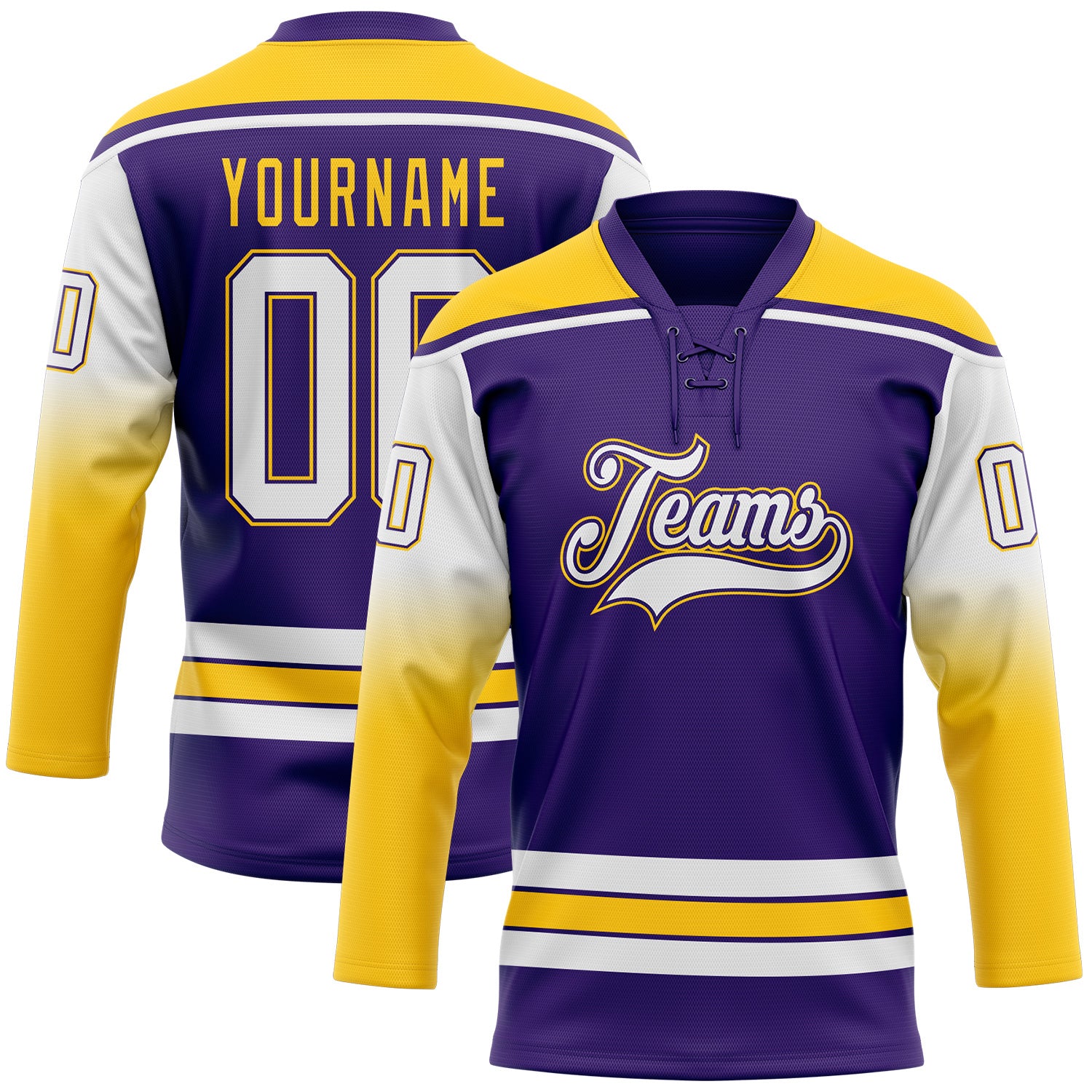 FansIdea Custom Purple White-Yellow Gradient Sleeves Lace Neck Hockey Jersey - $29.99 at Proof Eyewear