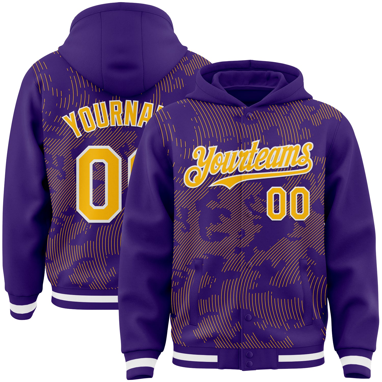 FansIdea Custom Purple Gold-White Curve Lines Bomber Full-Snap Varsity Letterman Hoodie Jacket - $38.99 at Proof Eyewear