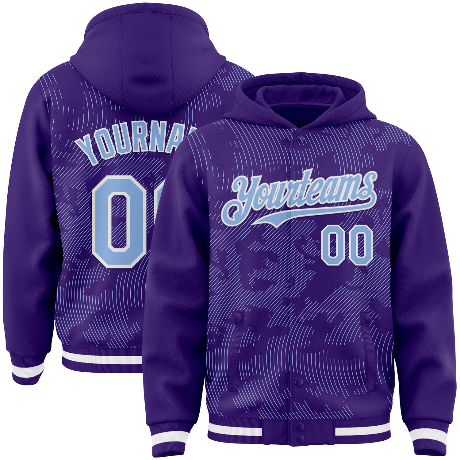 FansIdea Custom Purple Light Blue-White Curve Lines Bomber Full-Snap Varsity Letterman Hoodie Jacket - $38.99 at Proof Eyewear