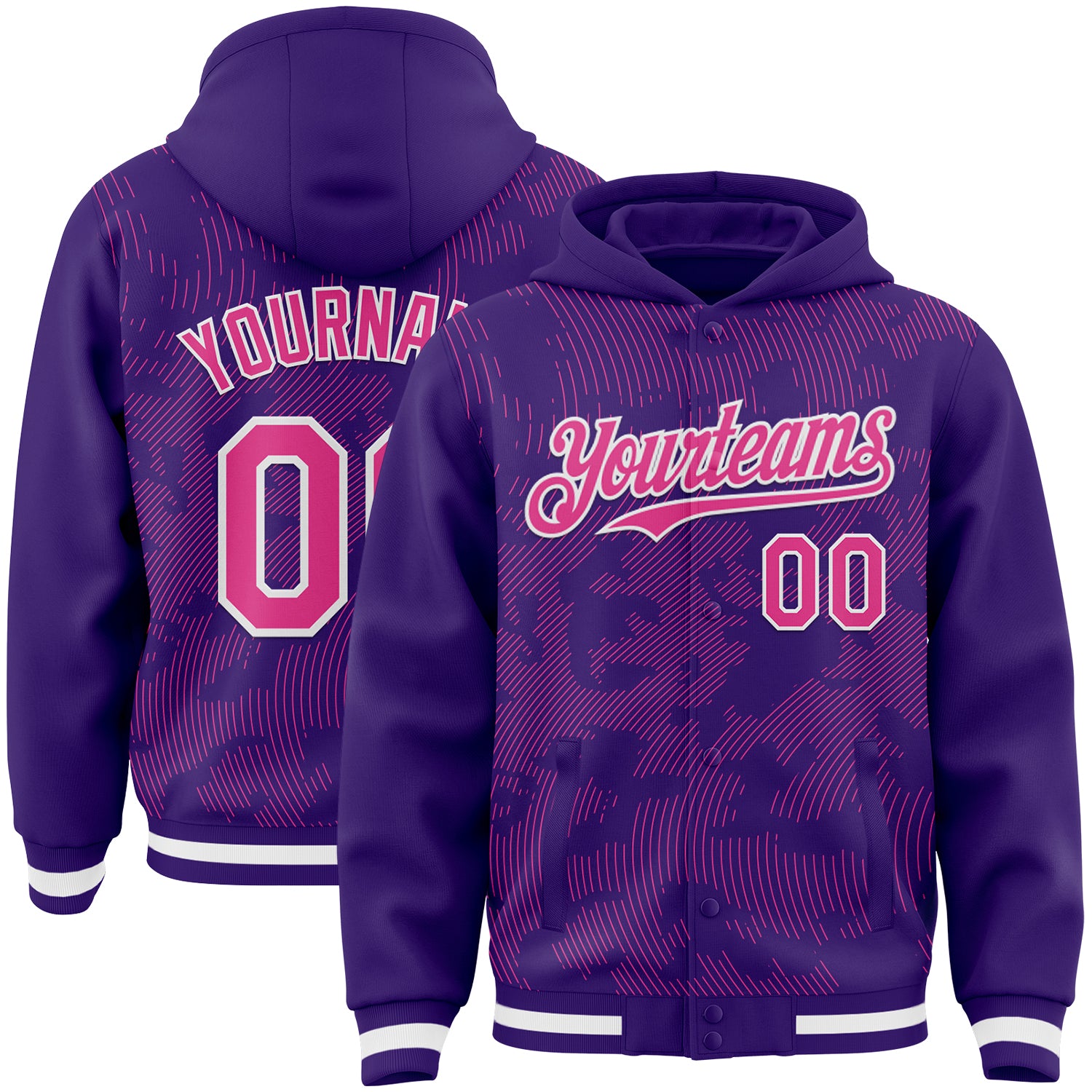 FansIdea Custom Purple Pink-White Curve Lines Bomber Full-Snap Varsity Letterman Hoodie Jacket - $38.99 at Proof Eyewear