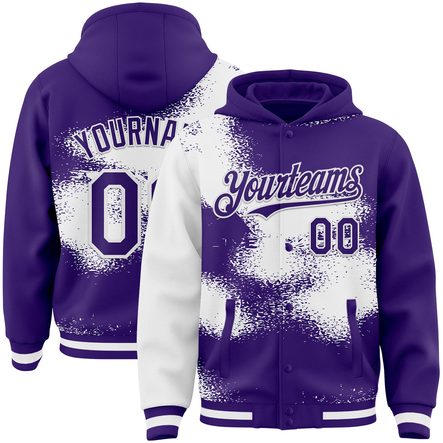 FansIdea Custom Purple White Abstract Color Blocks Fragment Pattern Bomber Full-Snap Varsity Letterman Hoodie Jacket - $38.99 at Proof Eyewear