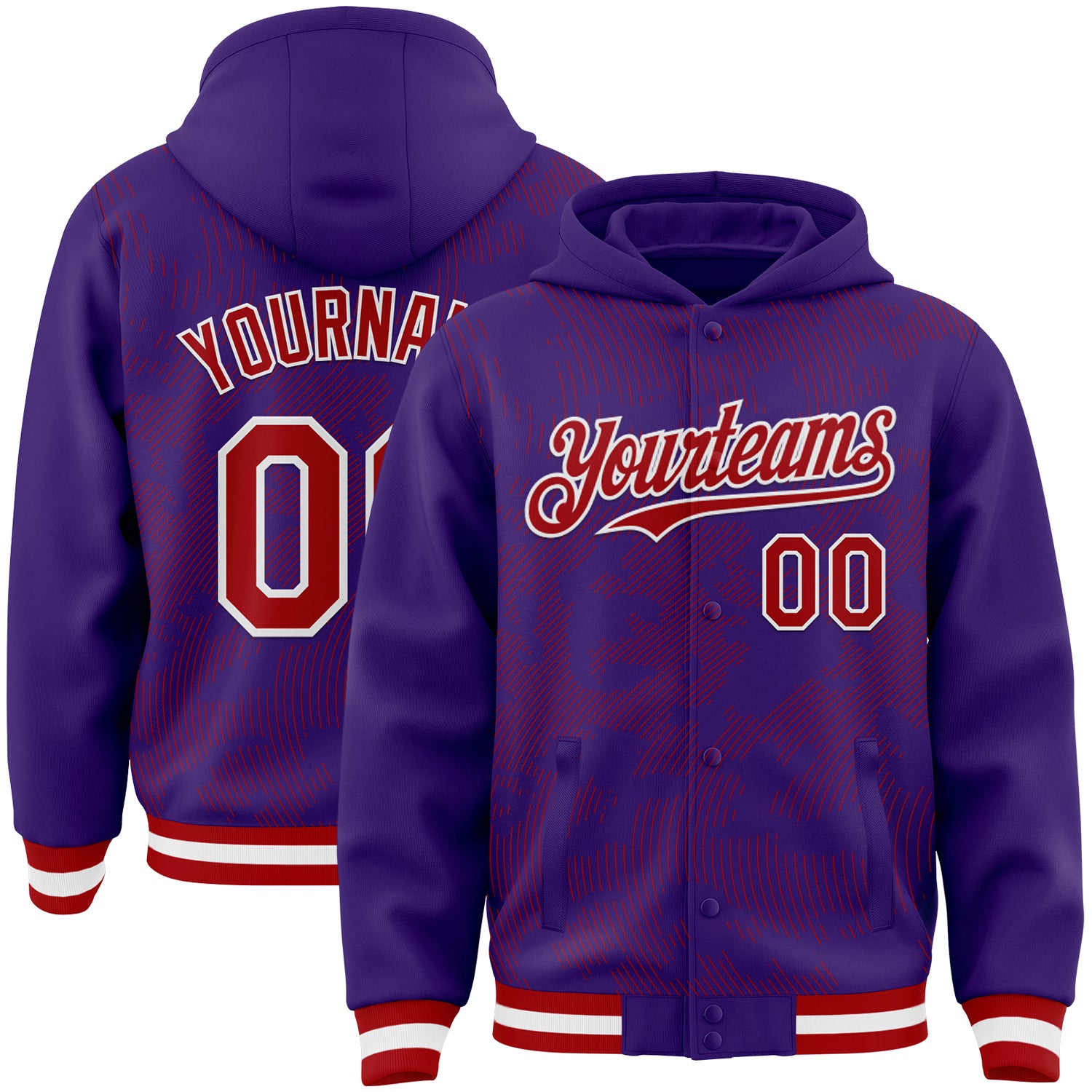 FansIdea Custom Purple Red-White Curve Lines Bomber Full-Snap Varsity Letterman Hoodie Jacket - $38.99 at Proof Eyewear