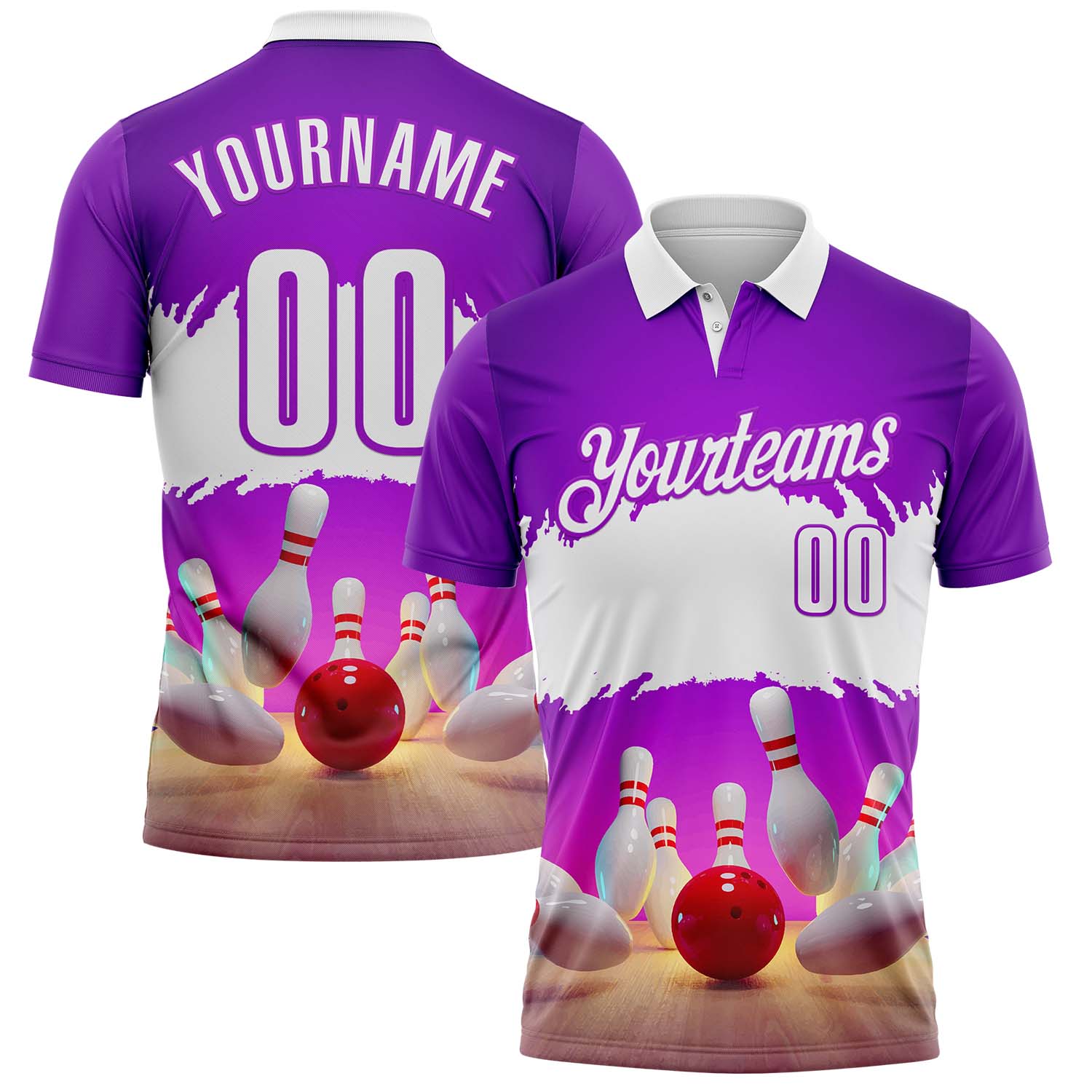 FansIdea Custom Purple-White Bowling Strike Hitting Performance Polo Shirt - $19.99 at Proof Eyewear