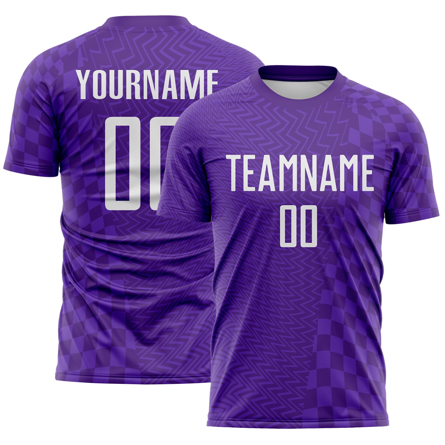 FansIdea Custom Purple-White Geometric Patchwork Asymmetry Checkered Zigzag Lines Sublimation Soccer Uniform Jersey - $16.99 at Proof Eyewear