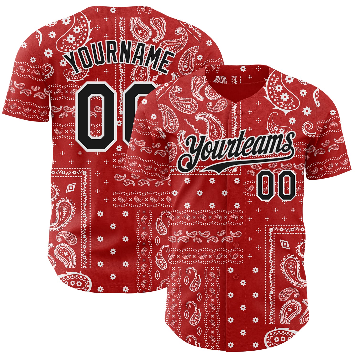 FansIdea Custom Red Black-White Rave Party Ethnic Paisley Bandana Authentic Baseball Jersey - $29.99 at Proof Eyewear