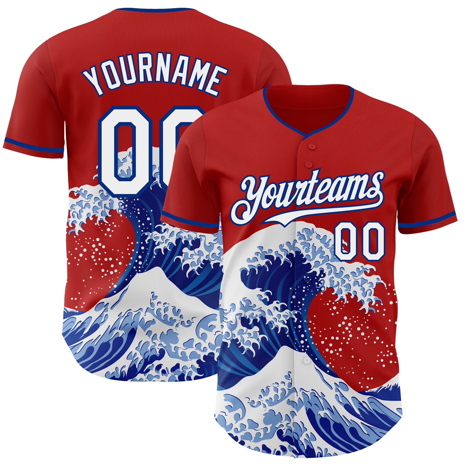 FansIdea Custom Red White-Royal Japanese Wave Authentic Baseball Jersey - $29.99 at Proof Eyewear