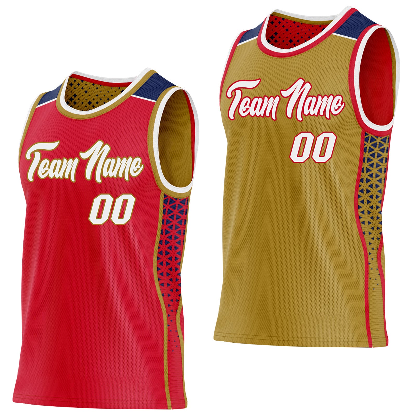 FansIdea Custom Red White Old Gold-Navy Side Panel Stripe Geometric Triangle Gradient Dot Reversible Double Side Sublimation Basketball Set Jersey - $17.99 at Proof Eyewear