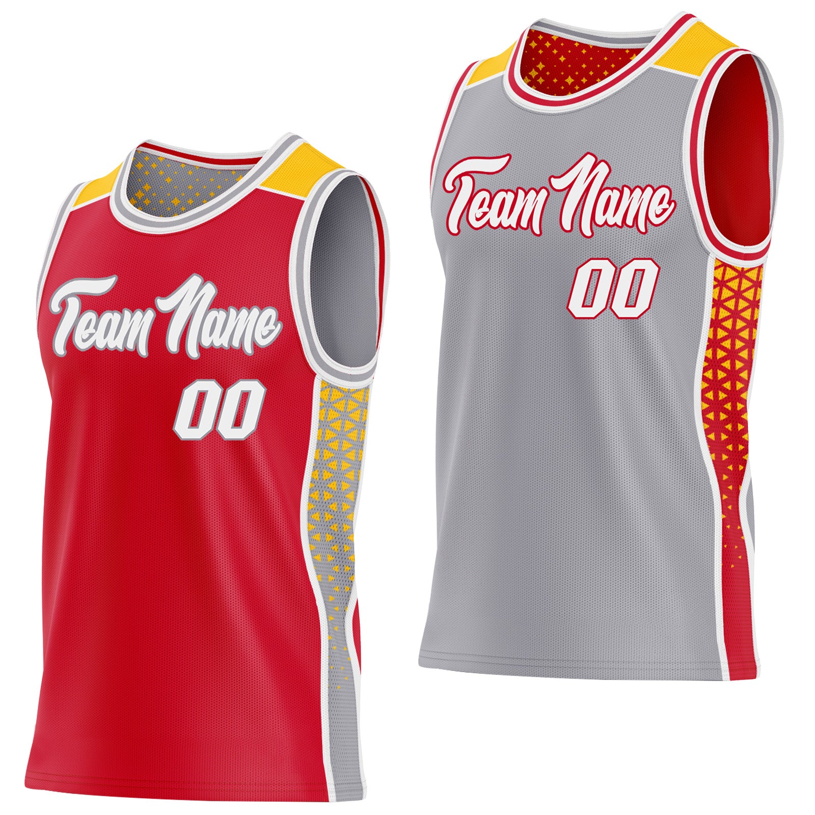 FansIdea Custom Red White Gray-Gold Side Panel Stripe Geometric Triangle Gradient Dot Reversible Double Side Sublimation Basketball Set Jersey - $17.99 at Proof Eyewear