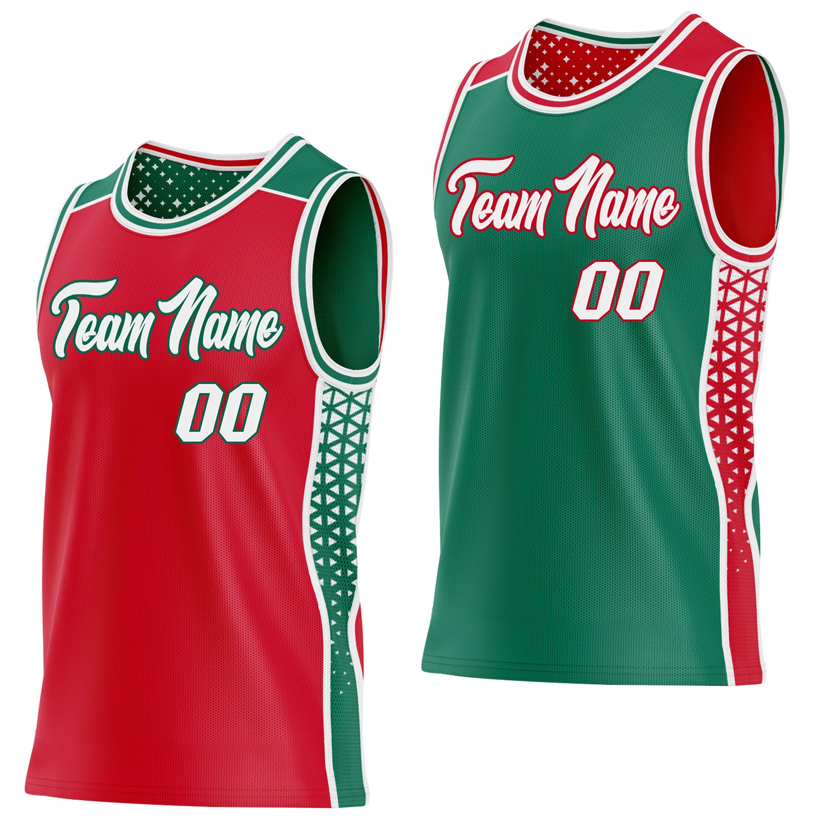 FansIdea Custom Red White-Kelly Green Side Panel Stripe Geometric Triangle Gradient Dot Reversible Double Side Sublimation Basketball Set Jersey - $17.99 at Proof Eyewear