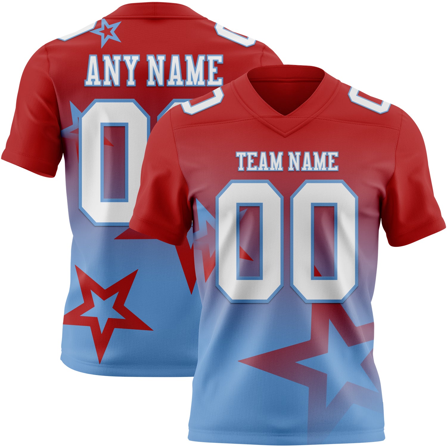 FansIdea Custom Red White-Light Blue Authentic Gradient Style Twinkle Star Football Jersey - $19.99 at Proof Eyewear