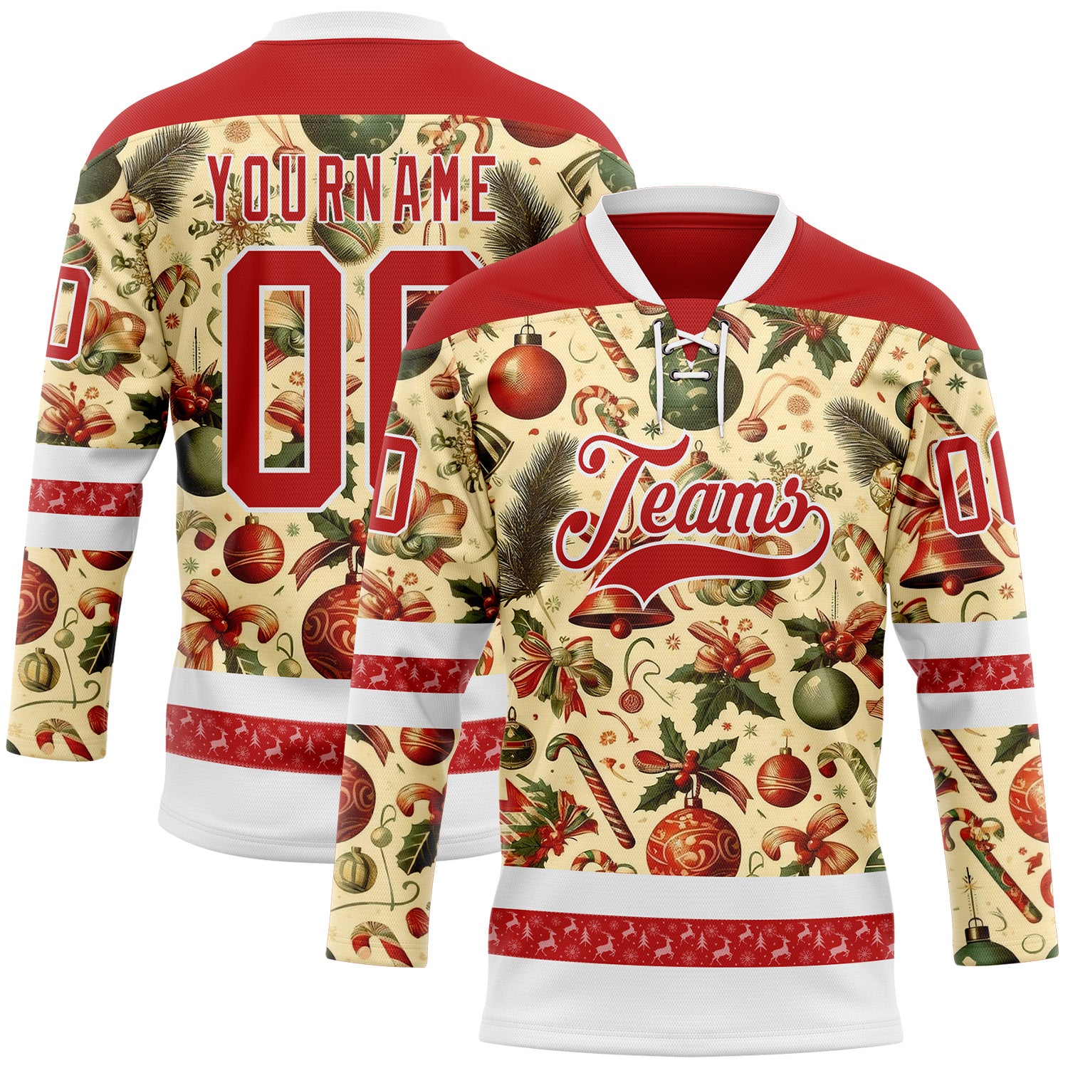 FansIdea Custom Red Red-White 3D Christmas Hockey Lace Neck Jersey - $29.99 at Proof Eyewear