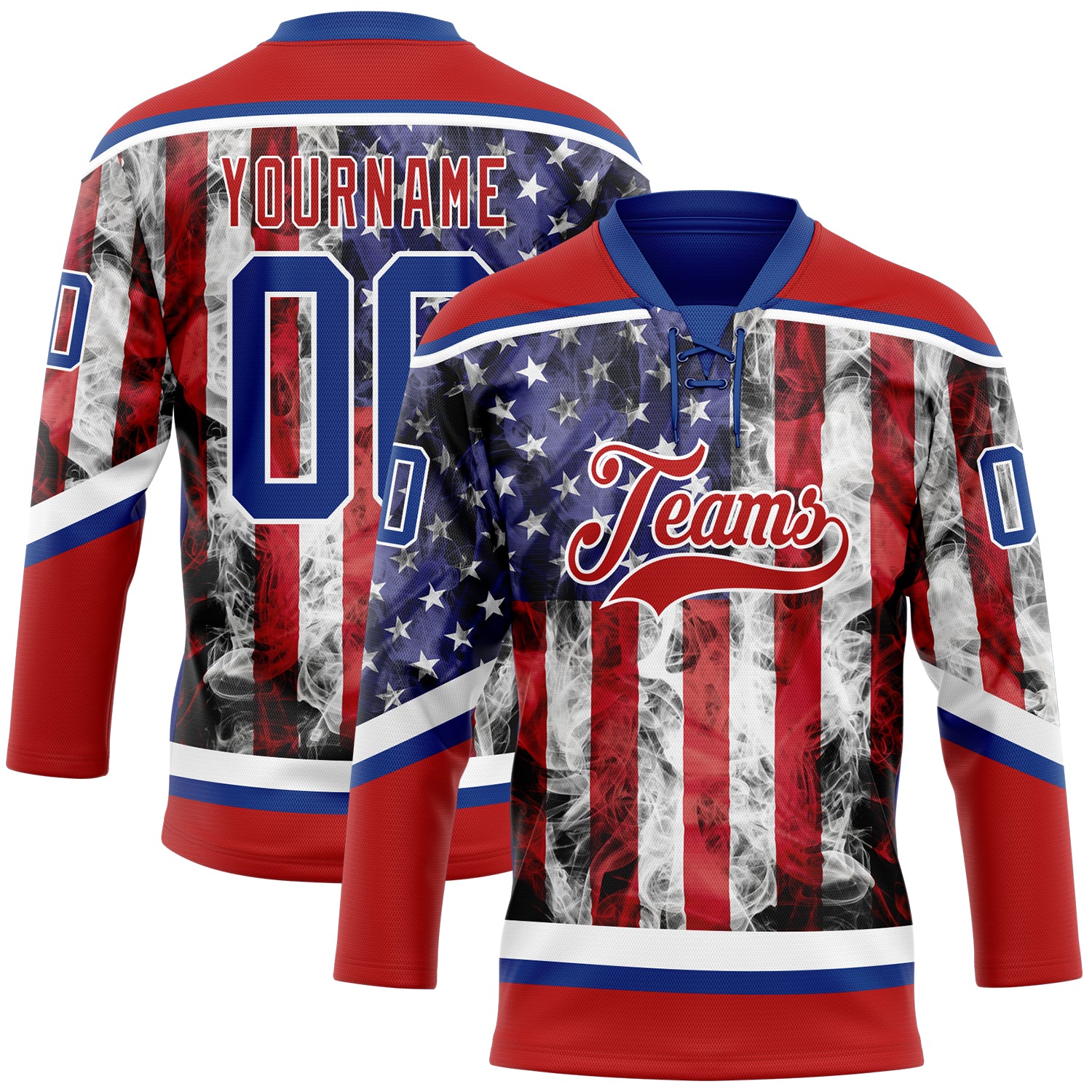 FansIdea Custom Red Royal-White 3D American Flag Hockey Lace Neck Jersey - $29.99 at Proof Eyewear