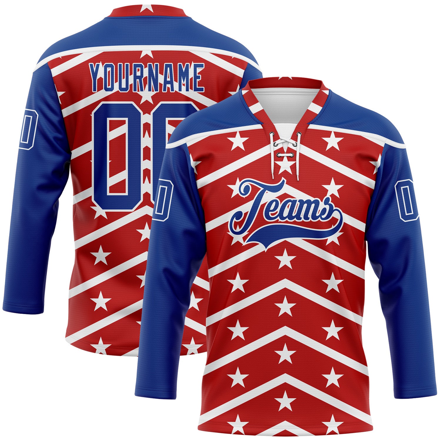 FansIdea Custom Red Royal-White American Flag Hockey Lace Neck Jersey - $29.99 at Proof Eyewear