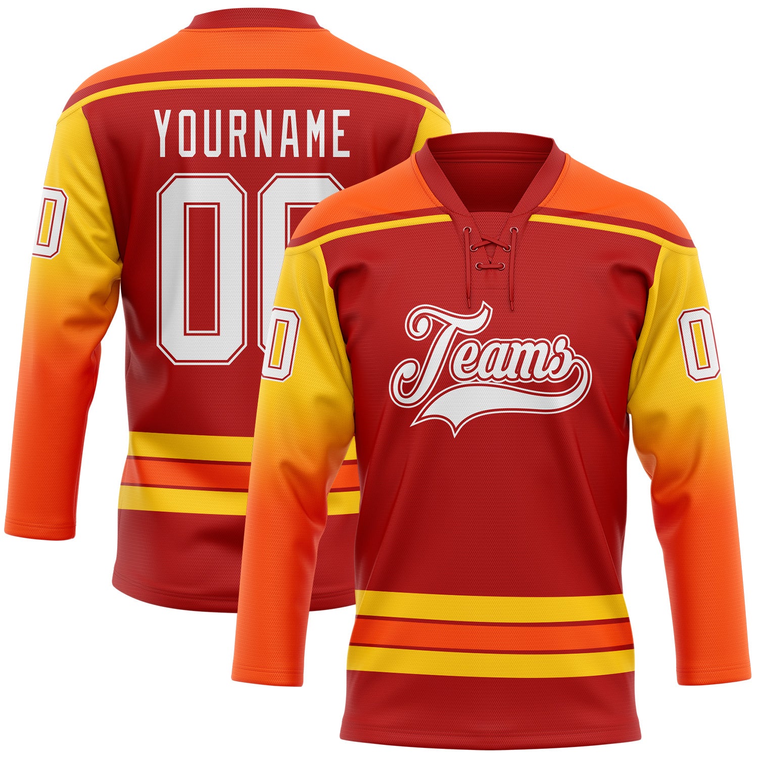 FansIdea Custom Red White Yellow-Orange Gradient Sleeves Lace Neck Hockey Jersey - $29.99 at Proof Eyewear