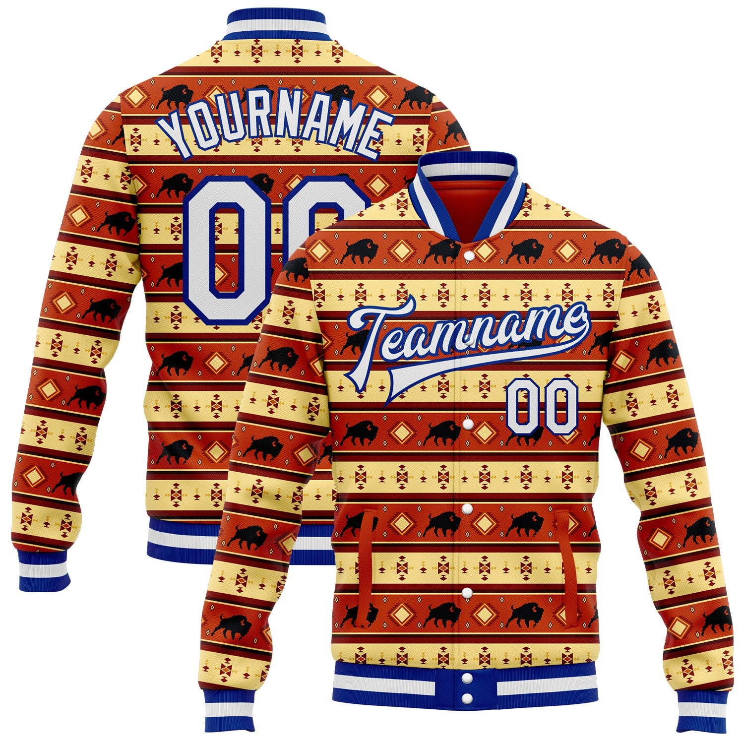 FansIdea Custom Red White Yellow-Royal Western Cow Aztec Bomber Full-Snap Varsity Letterman Jacket - $38.99 at Proof Eyewear