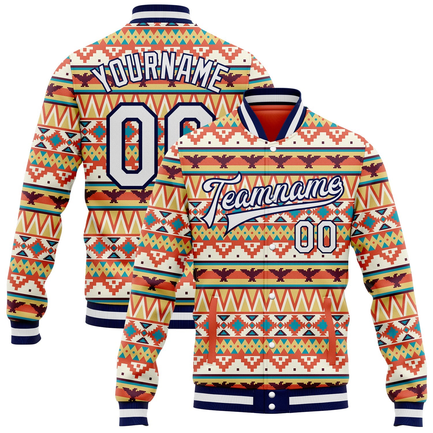 FansIdea Custom Red White-Navy Southwestern Geometric Aztec Bomber Full-Snap Varsity Letterman Jacket - $38.99 at Proof Eyewear