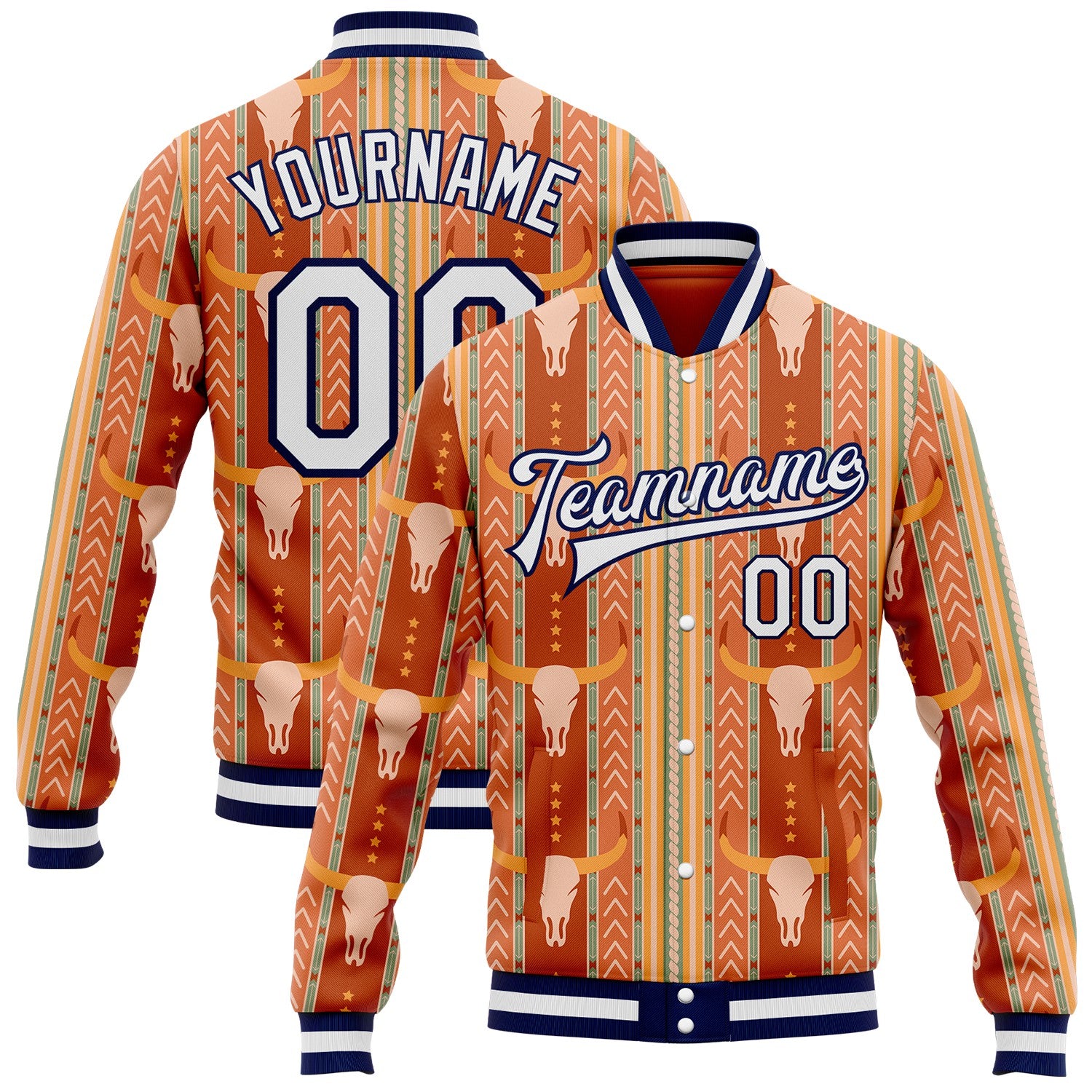 FansIdea Custom Red White Yellow-Navy Western Cow Skull Bomber Full-Snap Varsity Letterman Jacket - $38.99 at Proof Eyewear