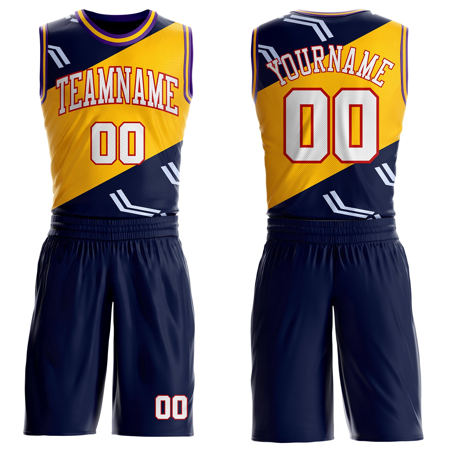 FansIdea Custom Navy White Red Purple-Gold Diagonal Split Arrow Stripe Round Neck Sublimation Basketball Uniform Jersey - $25.99 at Proof Eyewear