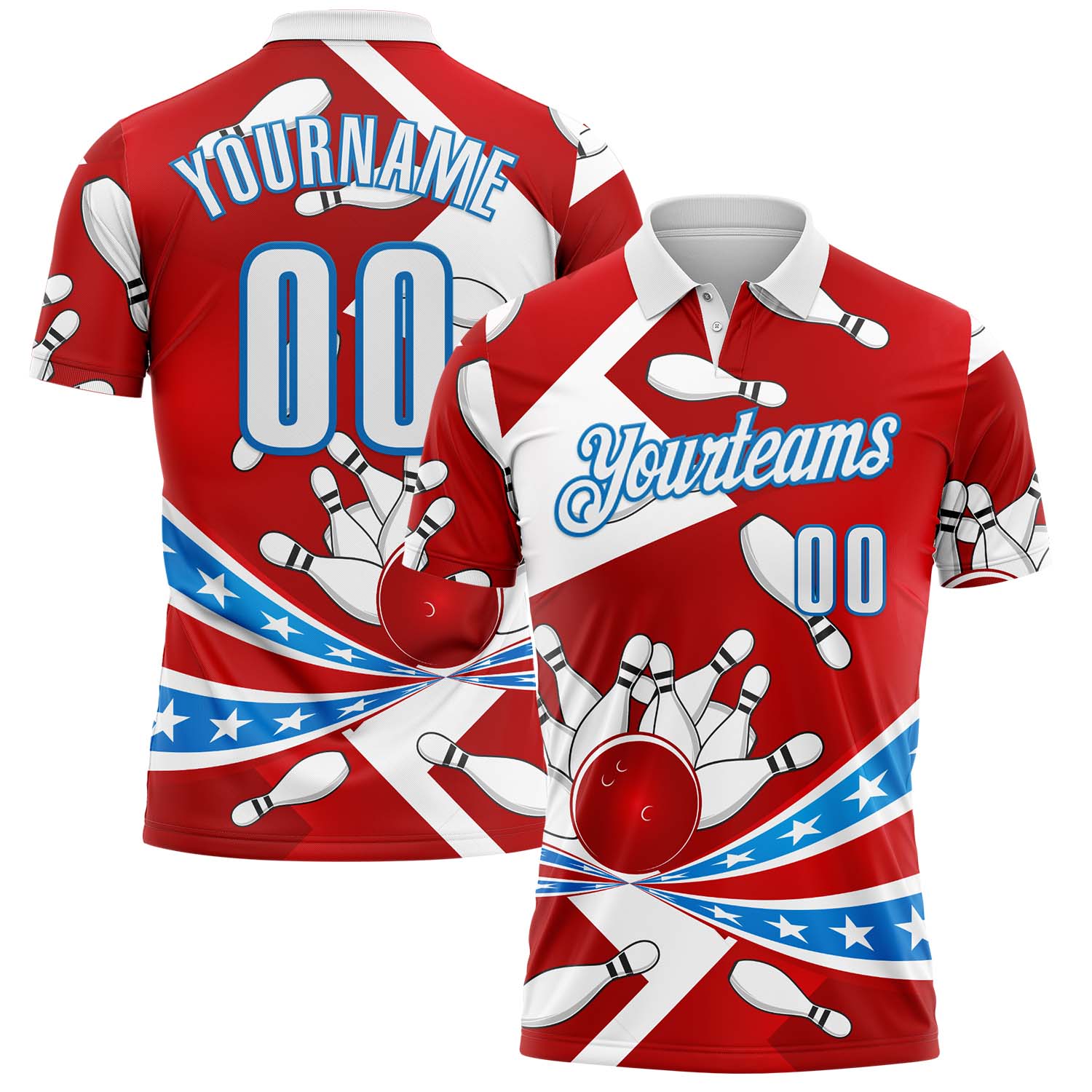 FansIdea Custom Red White-Blue Bowling Strike American Flag Performance Polo Shirt - $19.99 at Proof Eyewear