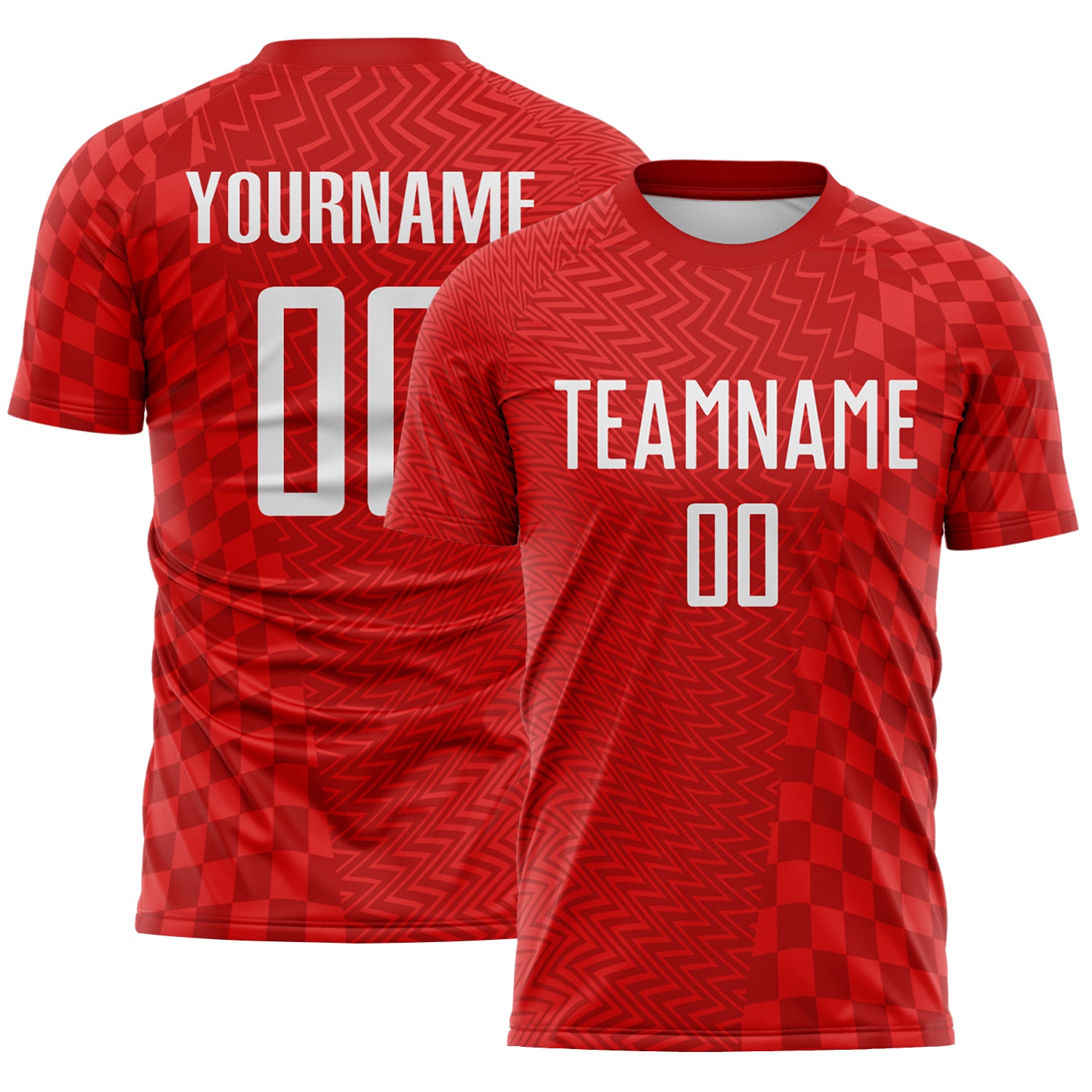 FansIdea Custom Red-White Geometric Patchwork Asymmetry Checkered Zigzag Lines Sublimation Soccer Uniform Jersey - $16.99 at Proof Eyewear