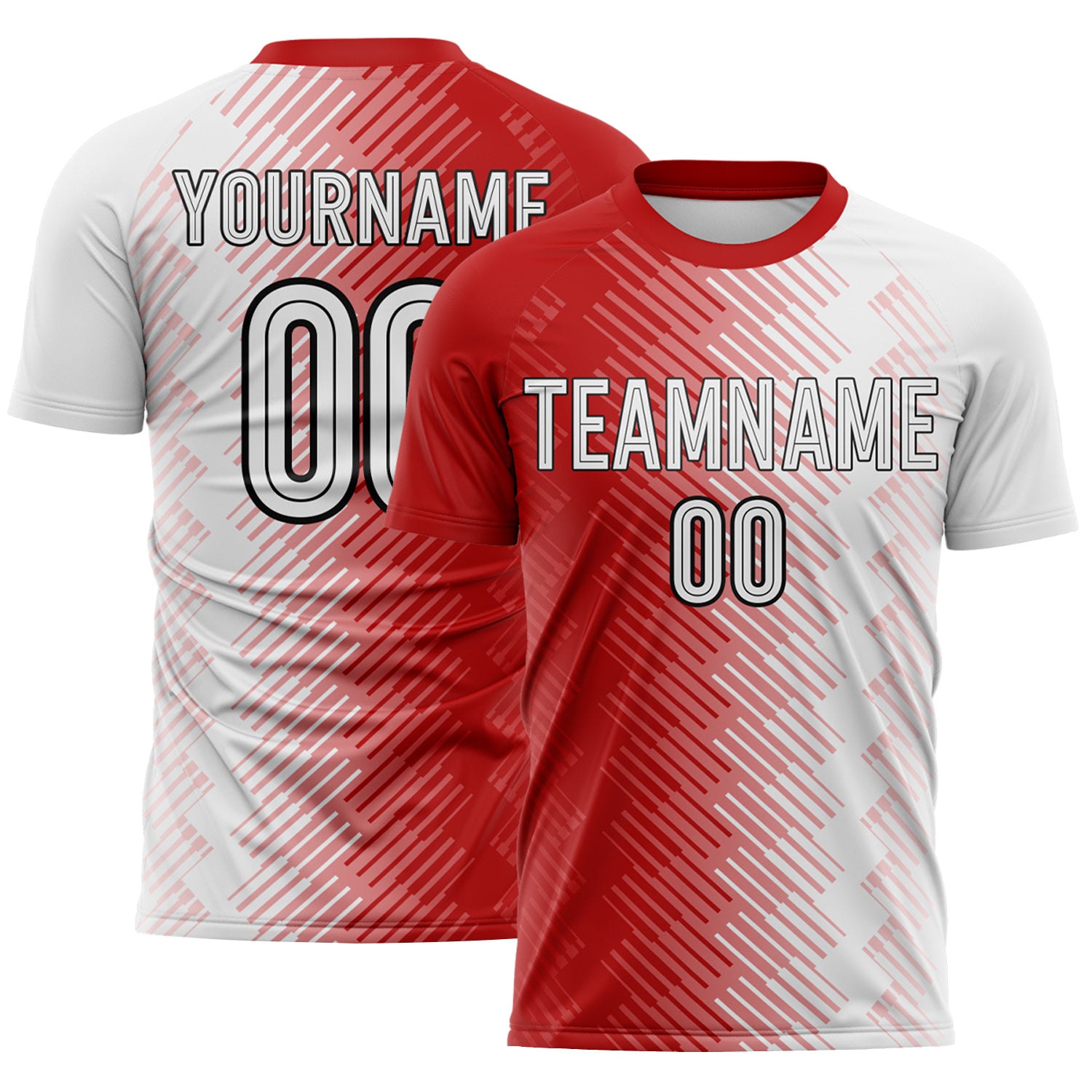 FansIdea Custom Red White-Black Split Brush Stroke Diagonal Stripe England Style Sublimation Soccer Uniform Jersey - $16.99 at Proof Eyewear