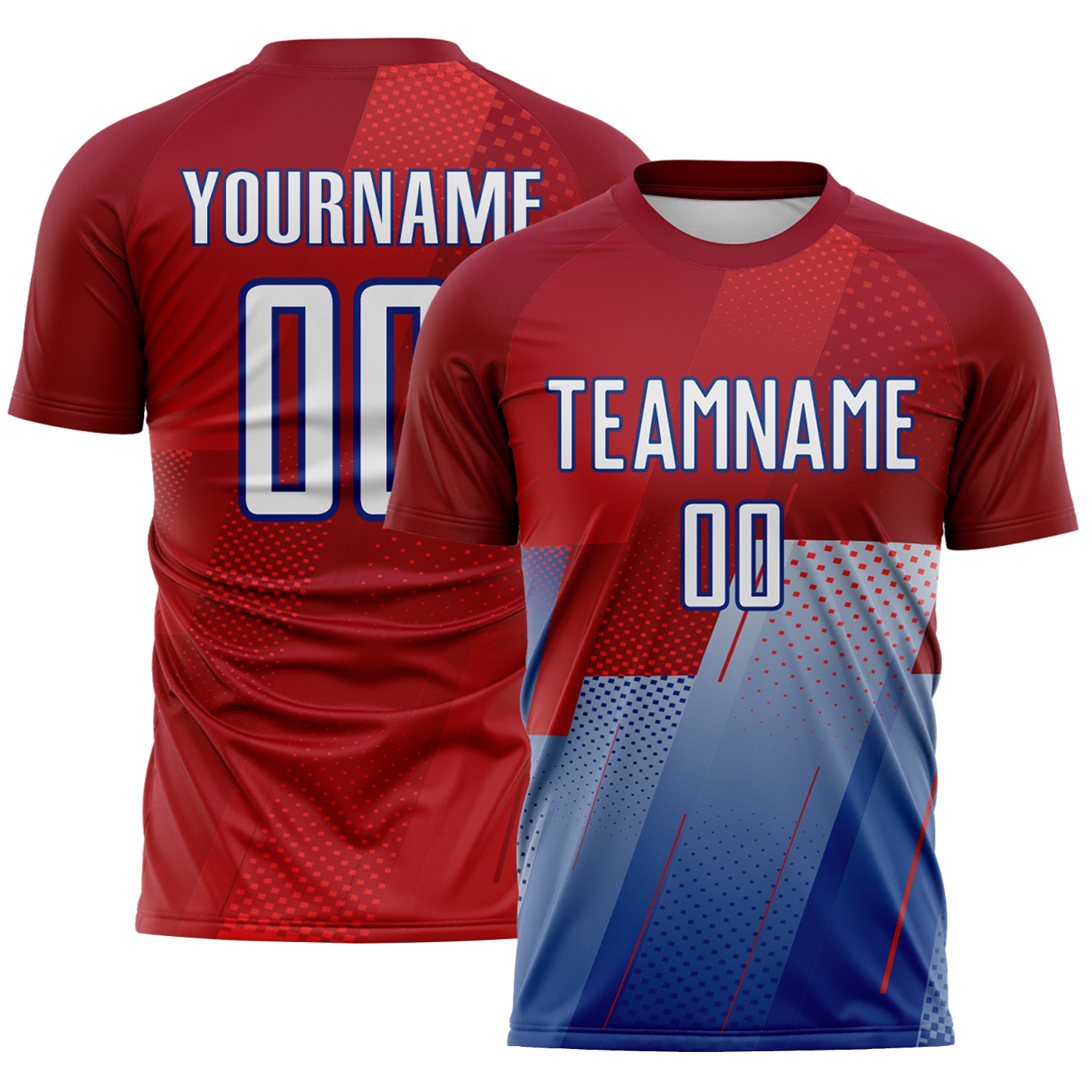 FansIdea Custom Red White-Royal Geometric Diagonal Block Halftone Grid Sublimation Soccer Uniform Jersey - $16.99 at Proof Eyewear