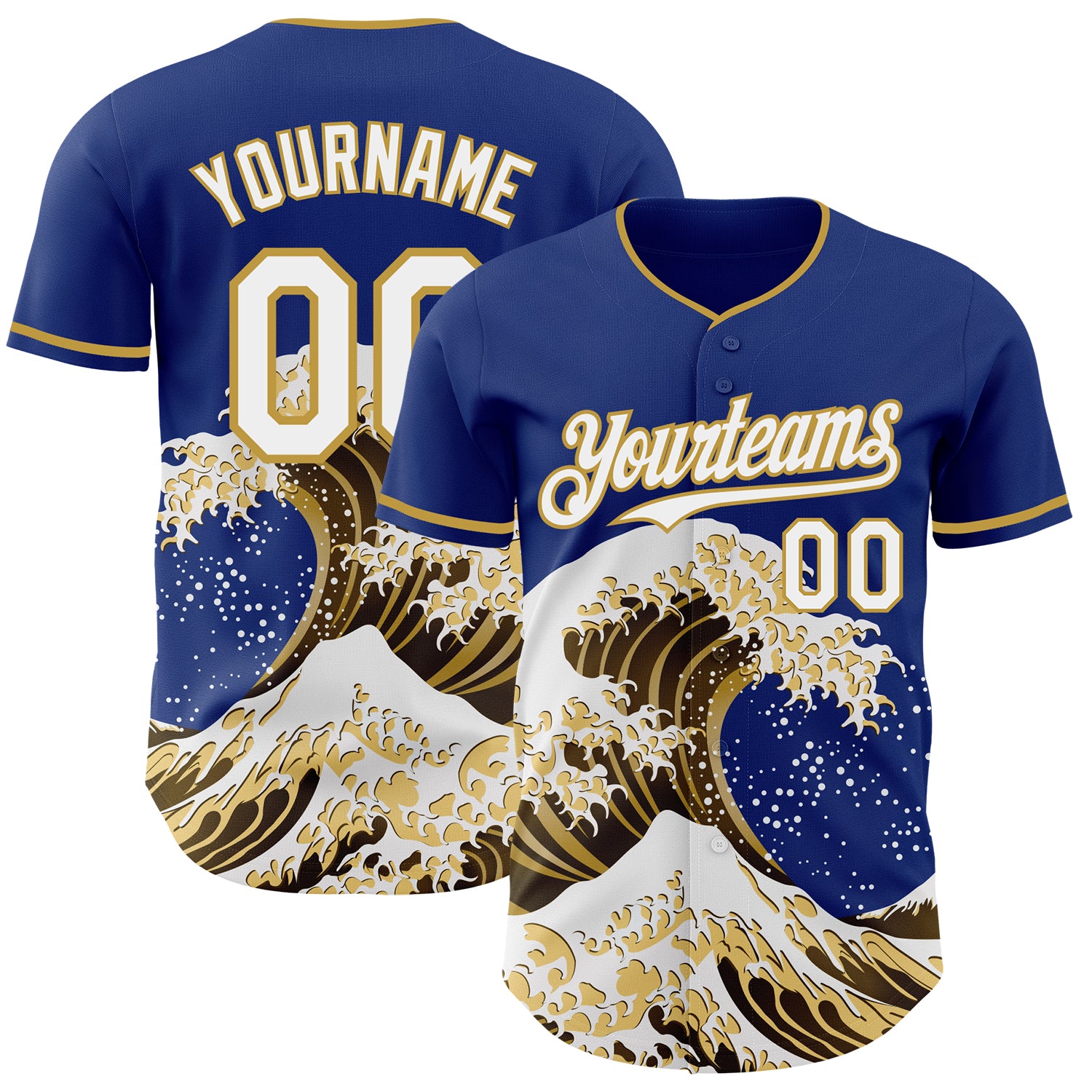 FansIdea Custom Royal White-Old Gold Japanese Wave Authentic Baseball Jersey - $29.99 at Proof Eyewear