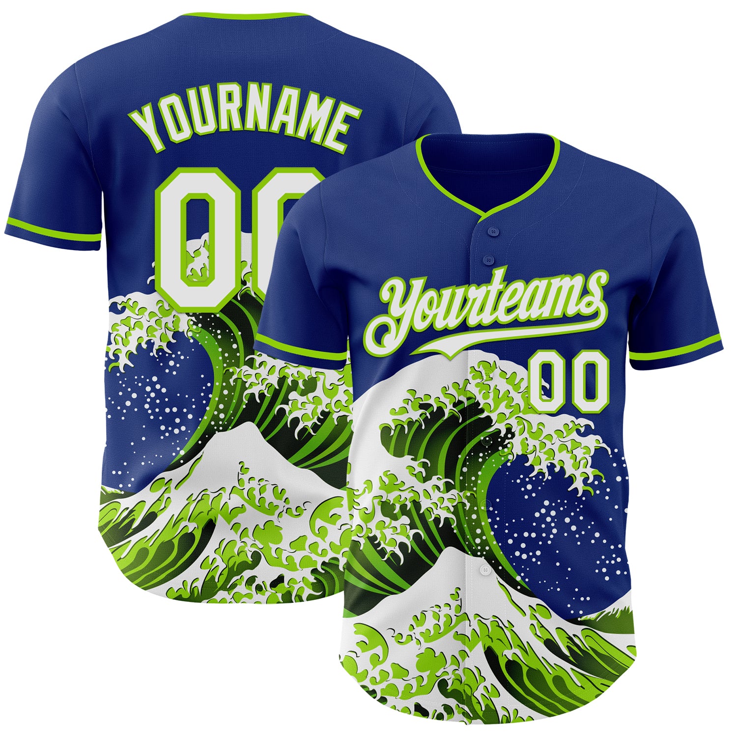 FansIdea Custom Royal White-Neon Green Japanese Wave Authentic Baseball Jersey - $29.99 at Proof Eyewear