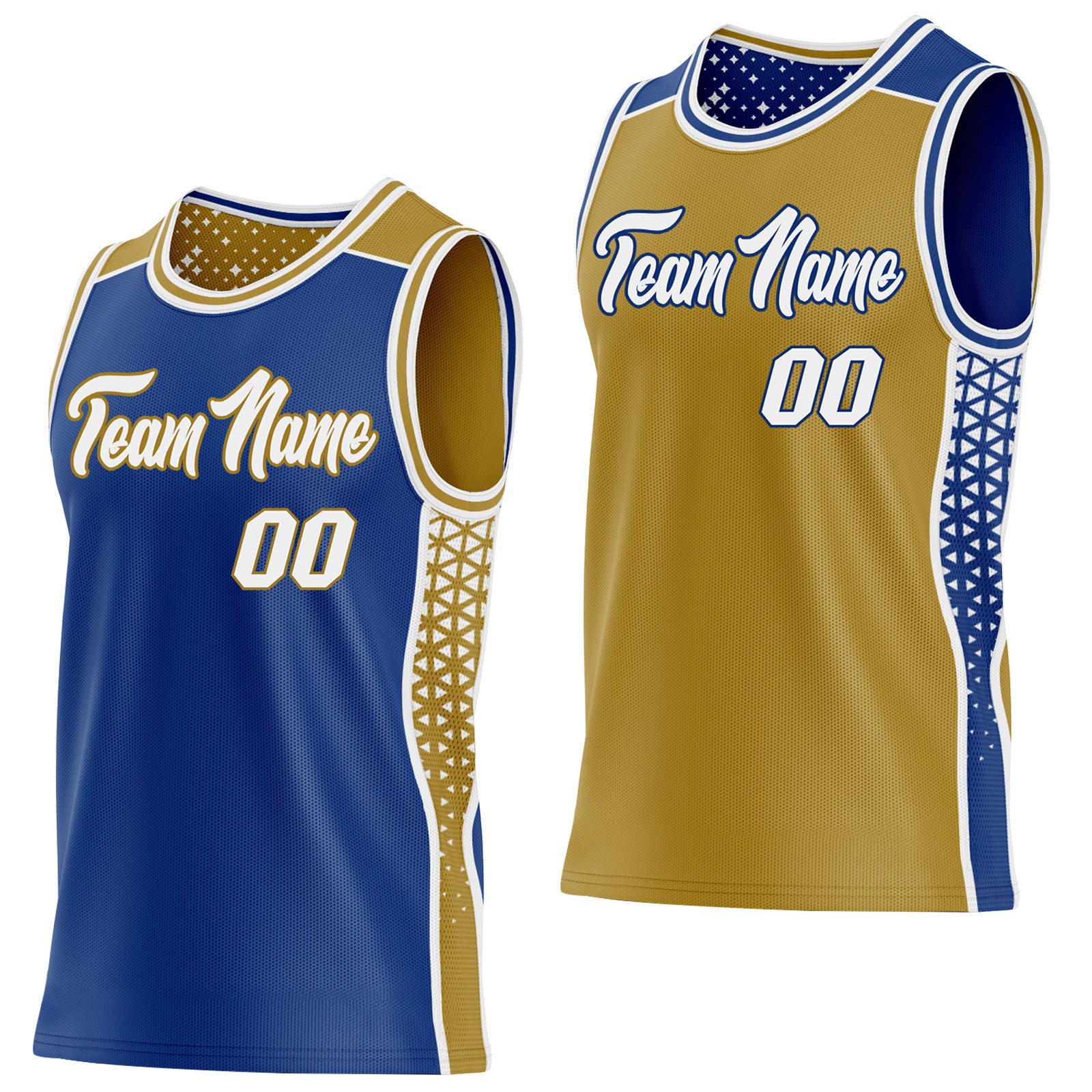 FansIdea Custom Royal White-Old Gold Side Panel Stripe Geometric Triangle Gradient Dot Reversible Double Side Sublimation Basketball Set Jersey - $17.99 at Proof Eyewear