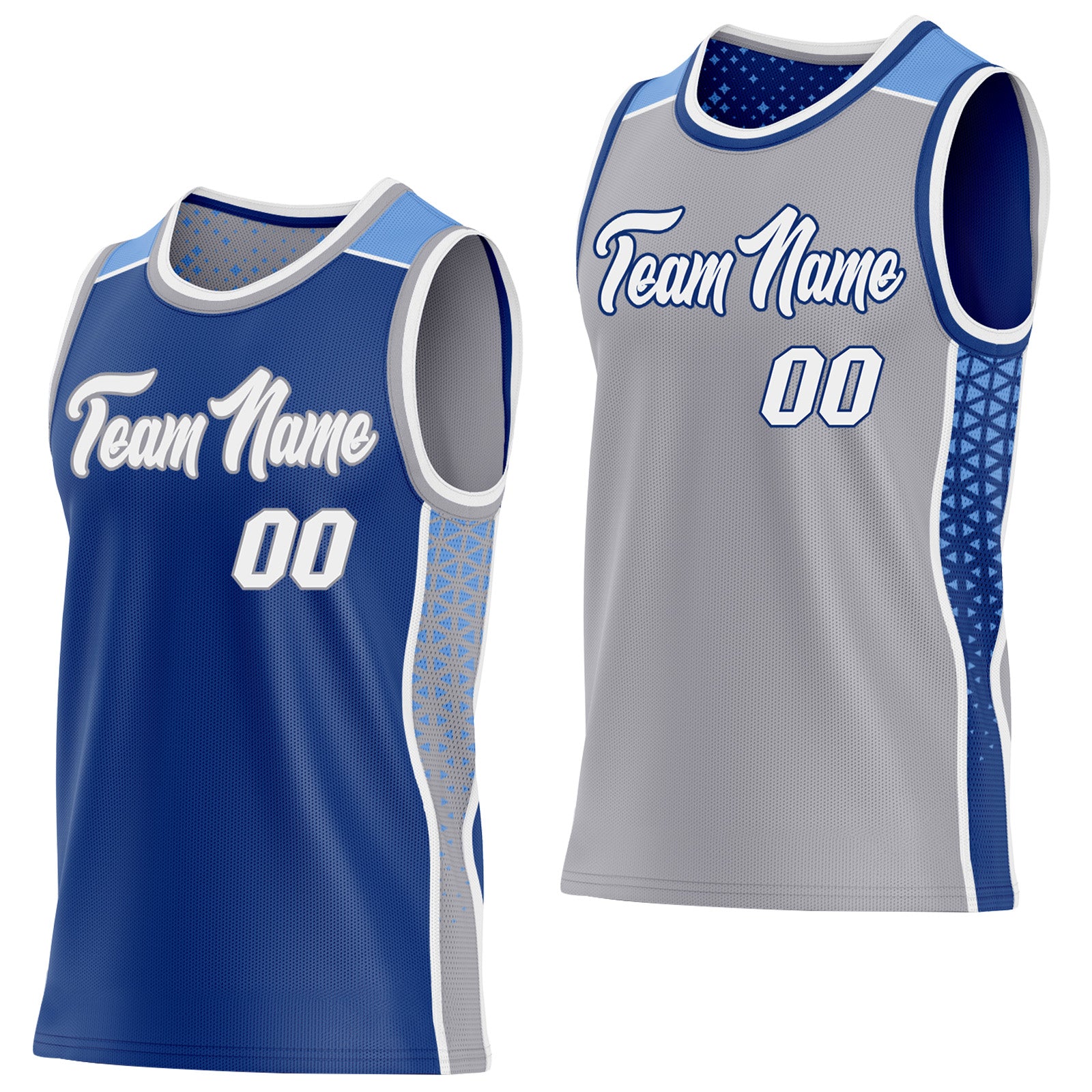 FansIdea Custom Royal White Gray-Light Blue Side Panel Stripe Geometric Triangle Gradient Dot Reversible Double Side Sublimation Basketball Set Jersey - $17.99 at Proof Eyewear