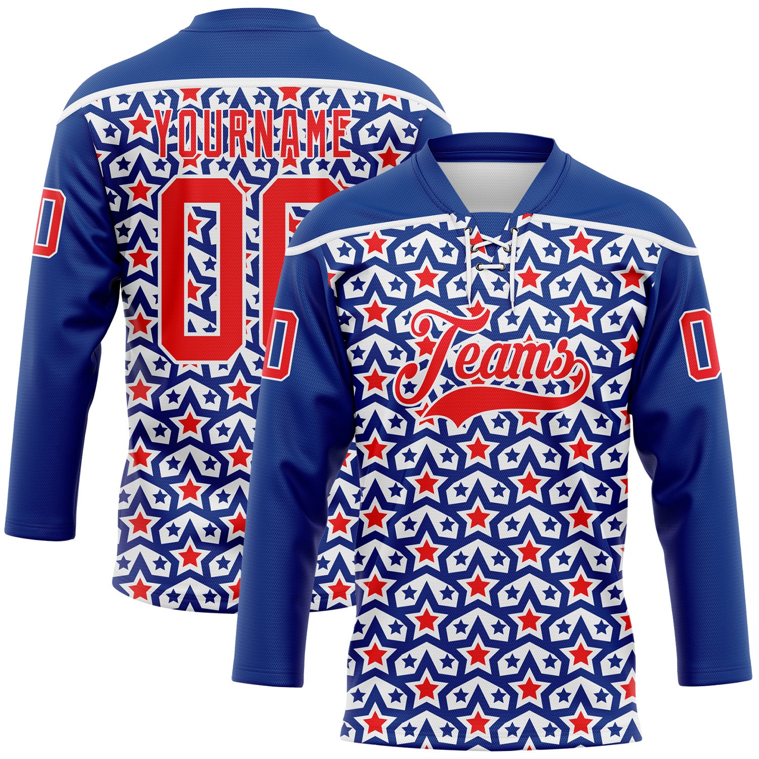 FansIdea Custom Royal Fire Red-White American Flag Hockey Lace Neck Jersey - $29.99 at Proof Eyewear